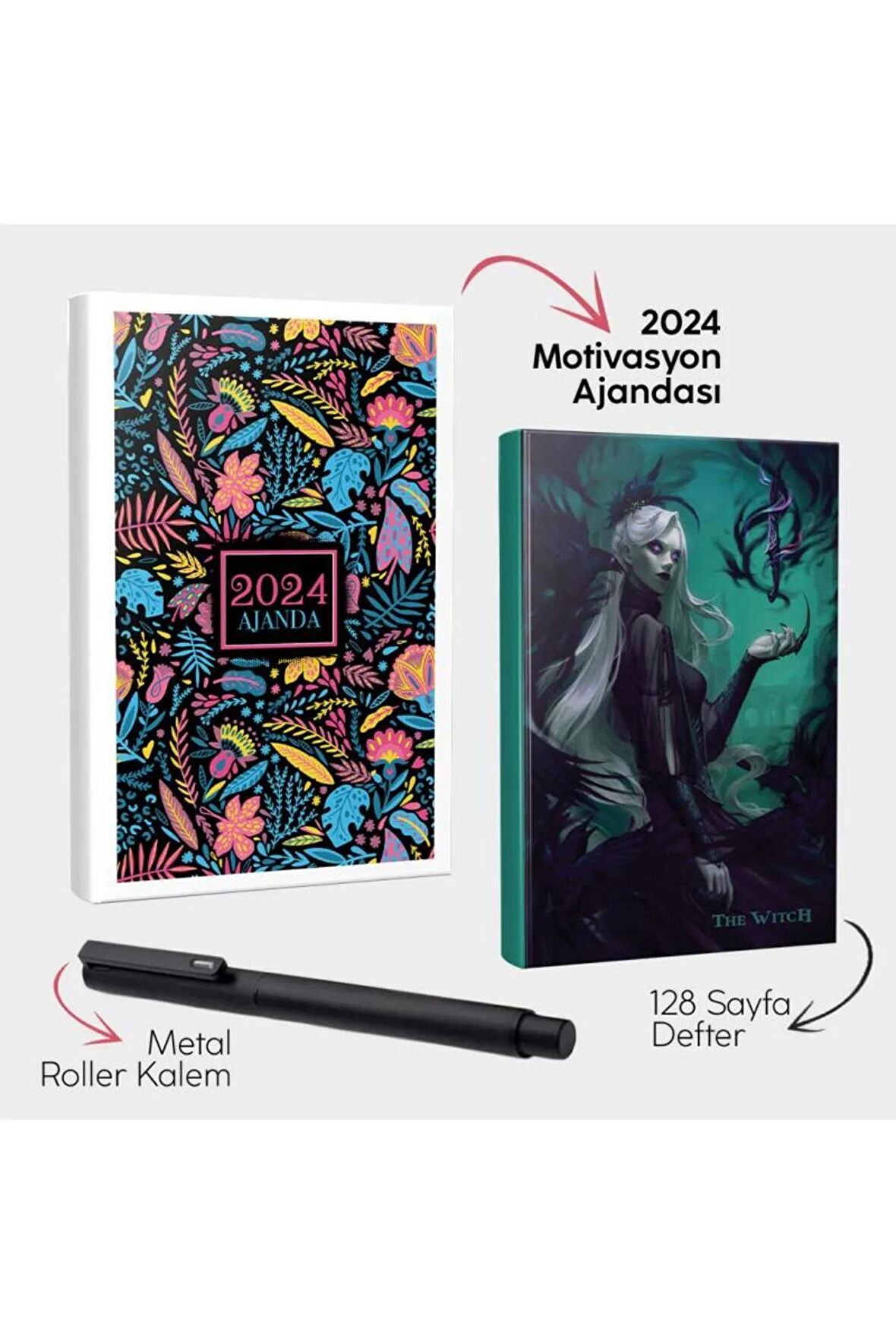 Neon Düşler 2024 Motivasyon Ajandası - The Witch Defter ve Metal Roller Kalem