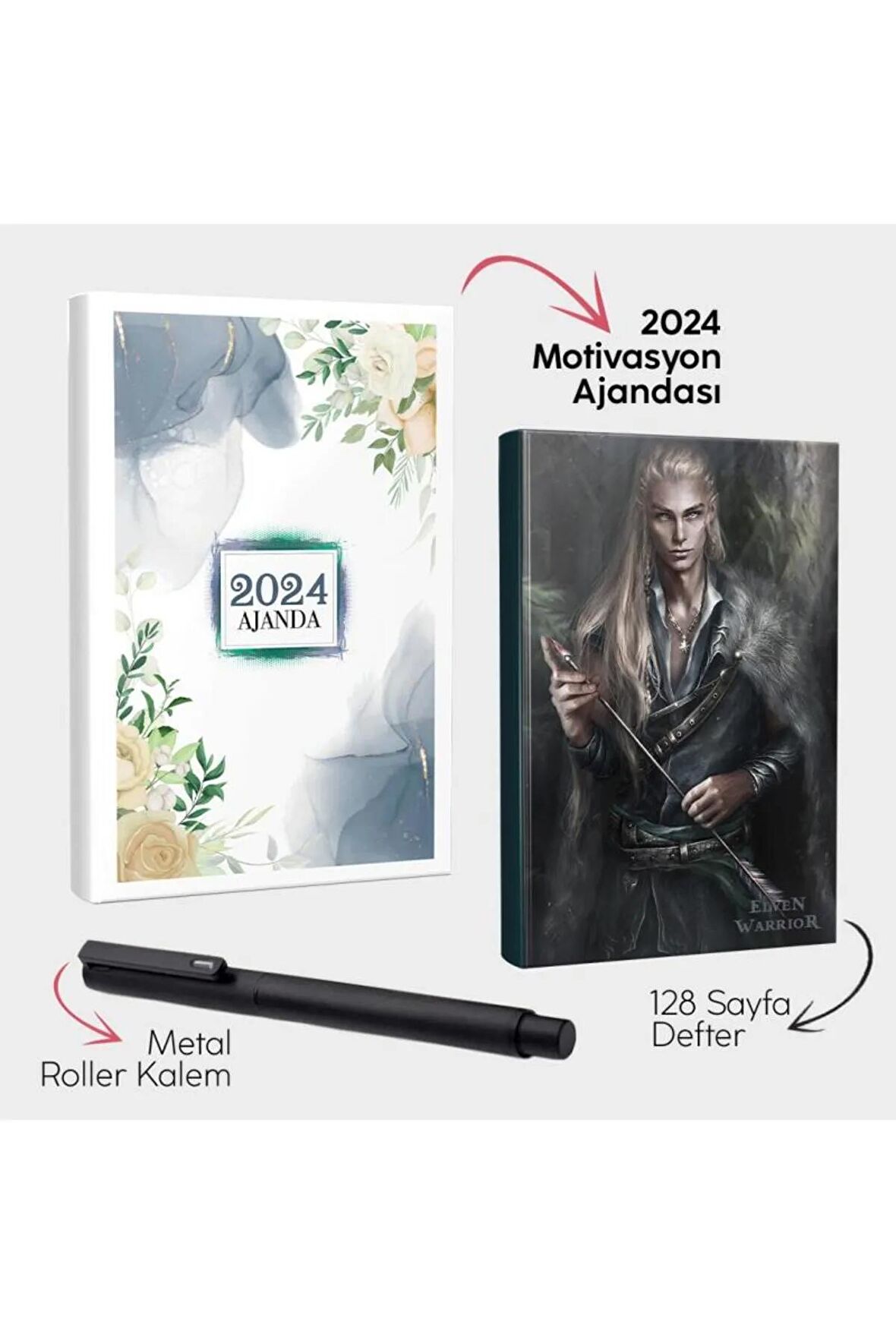 Cennet 2024 Motivasyon Ajandası - Elven Warrior Defter ve Metal Roller Kalem