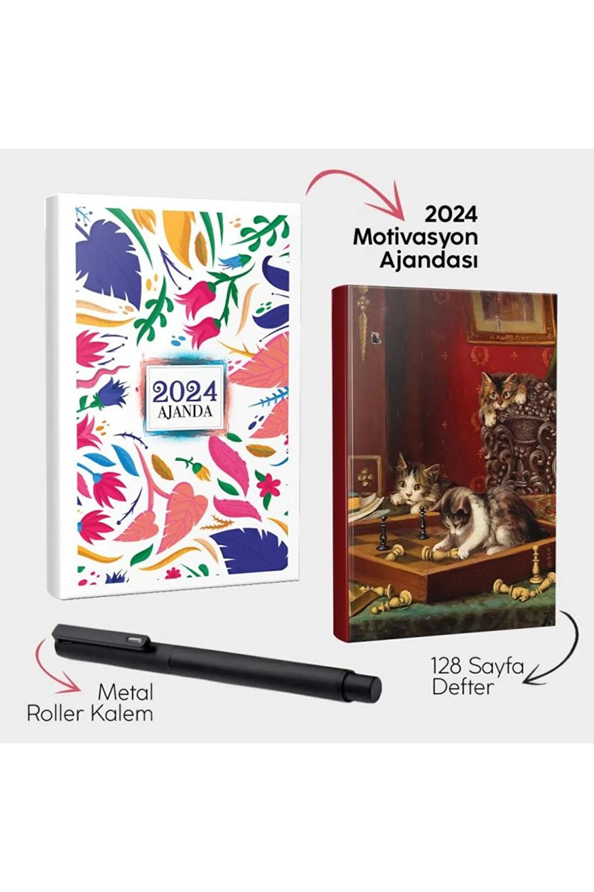 Renkli Sonbahar 2024 Motivasyon Ajandası - Oyunbozan Kediler Defter ve Metal Roller Kalem