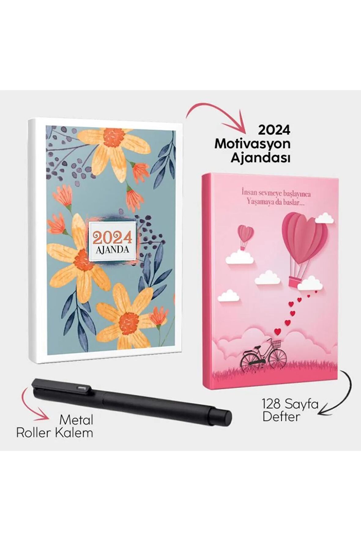 Sarı Papatya 2024 Motivasyon Ajandası - Pembe Gökyüzü Defter ve Metal Roller Kalem