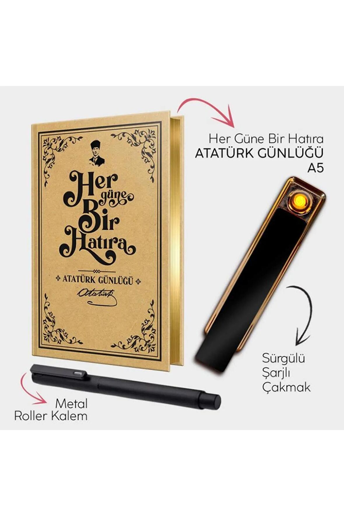 Atatürk Günlüğü A5 - Sürgülü Şarjlı Çakmak - Metal Roller Kalem