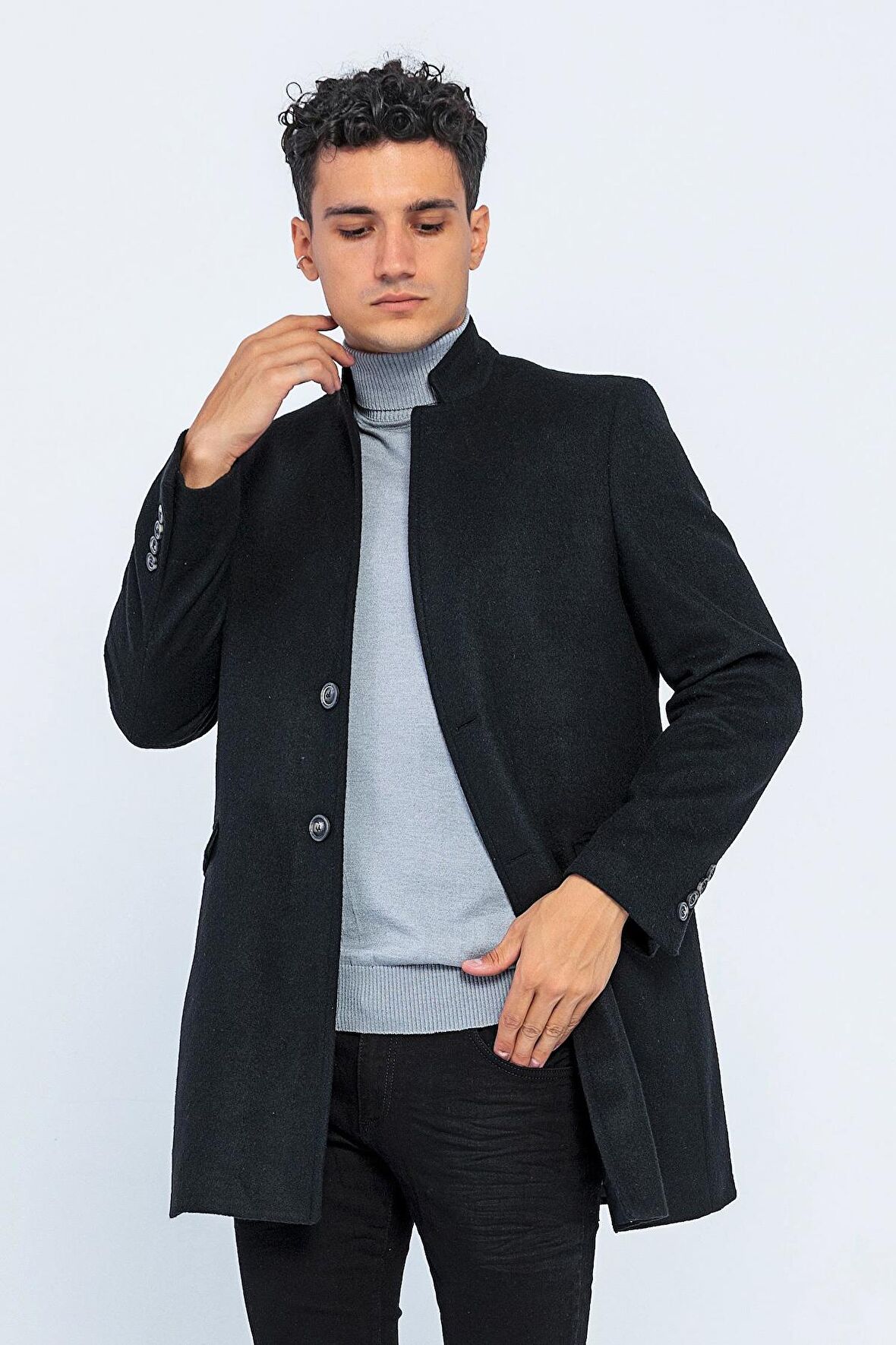 Erkek Dik Yaka Düğmeli Yünlü Uzun Klasik Kaşe Kaban
