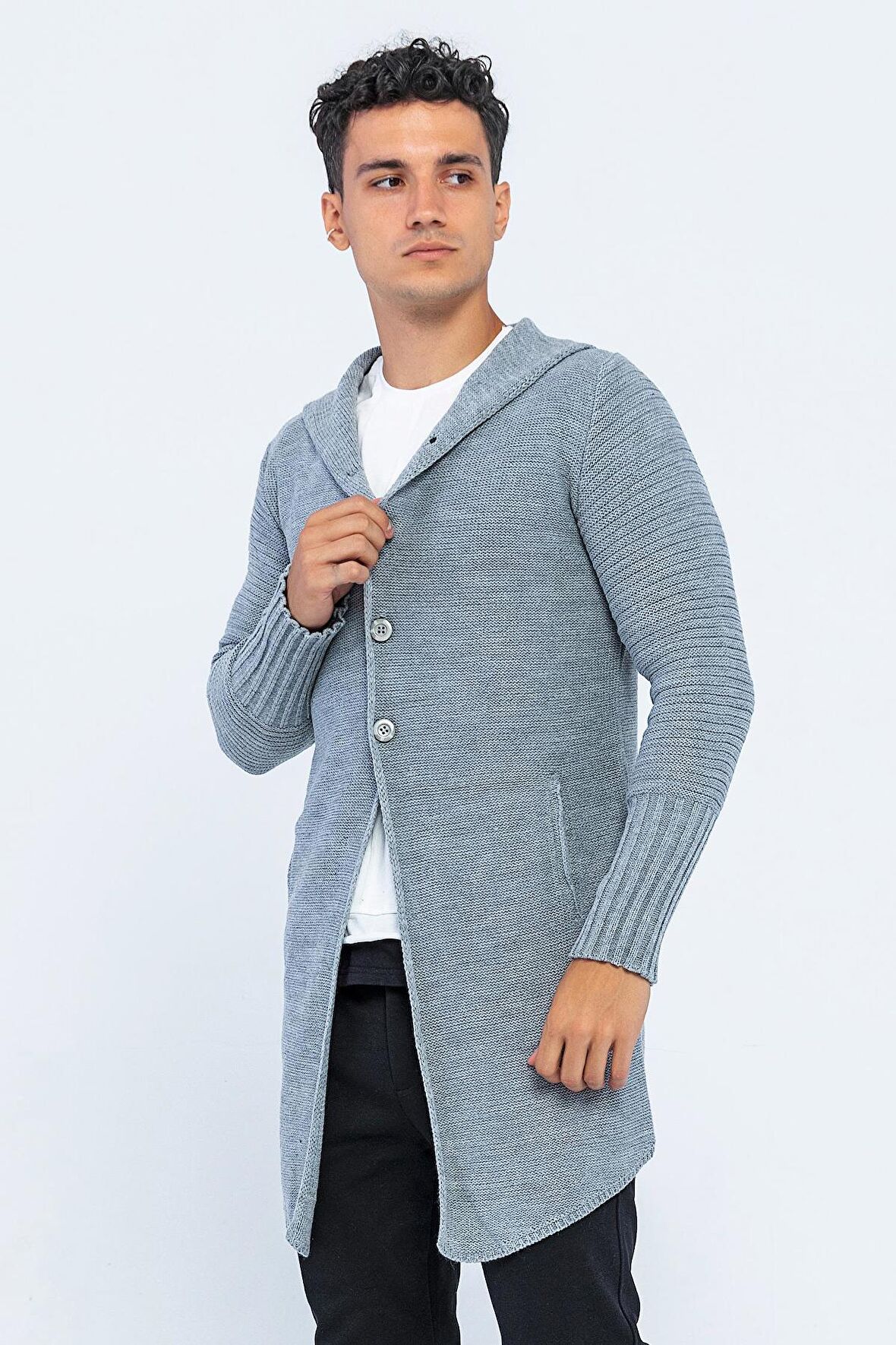 Erkek Kapüşonlu Düğmeli Asimetrik Triko Uzun Rahat Spor Hırka