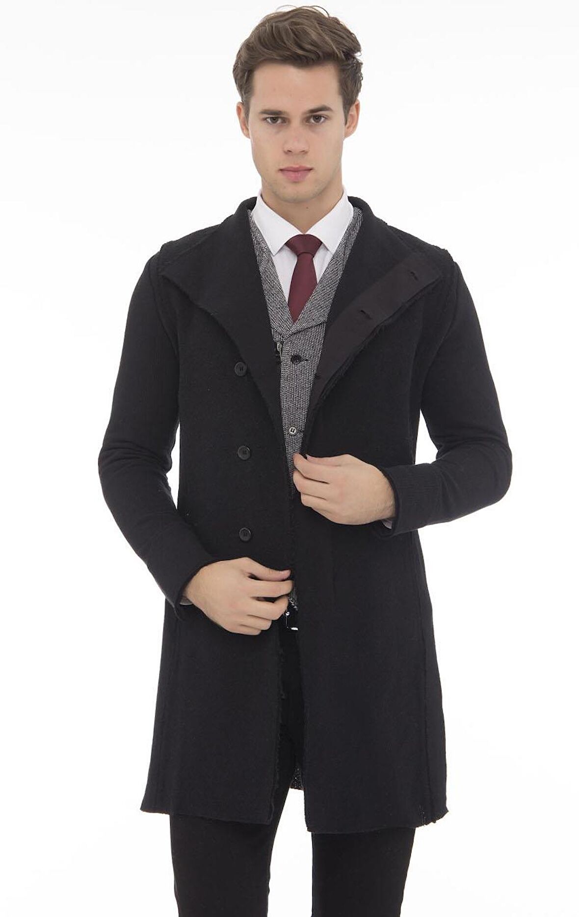 Erkek Kruvaze Düğmeli Cepli Triko Uzun Salaş Spor Hırka