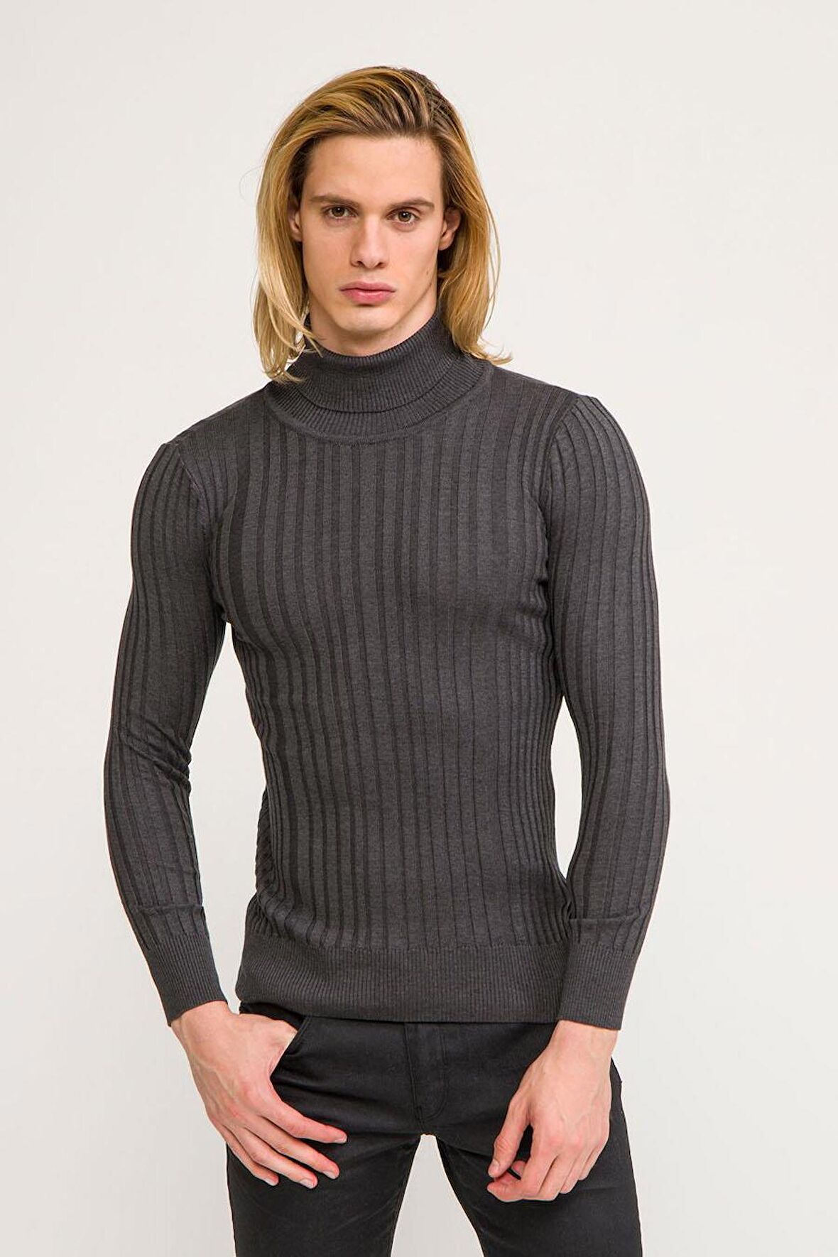 Erkek Slim Fit Fitilli Likralı Düz Renkli Triko Boğazlı Kazak