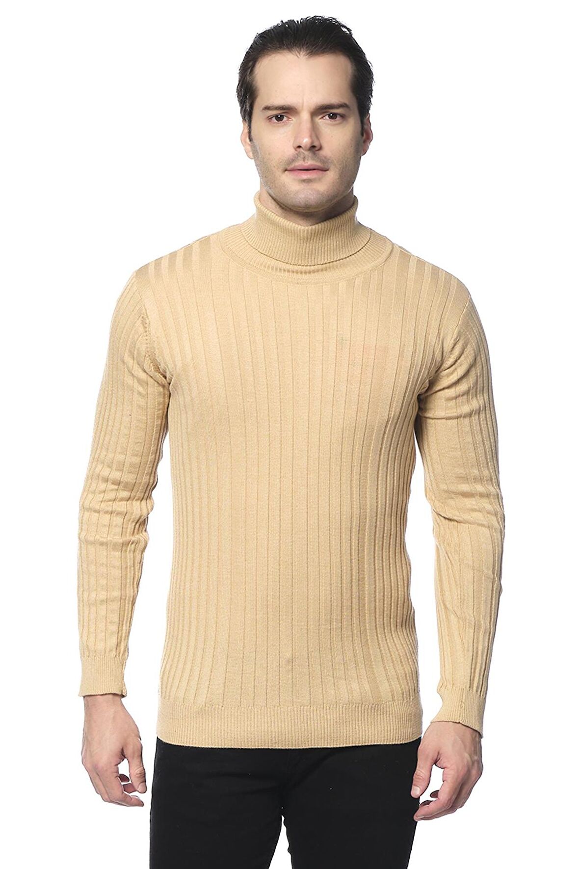 Erkek Slim Fit Fitilli Likralı Düz Renkli Triko Boğazlı Kazak