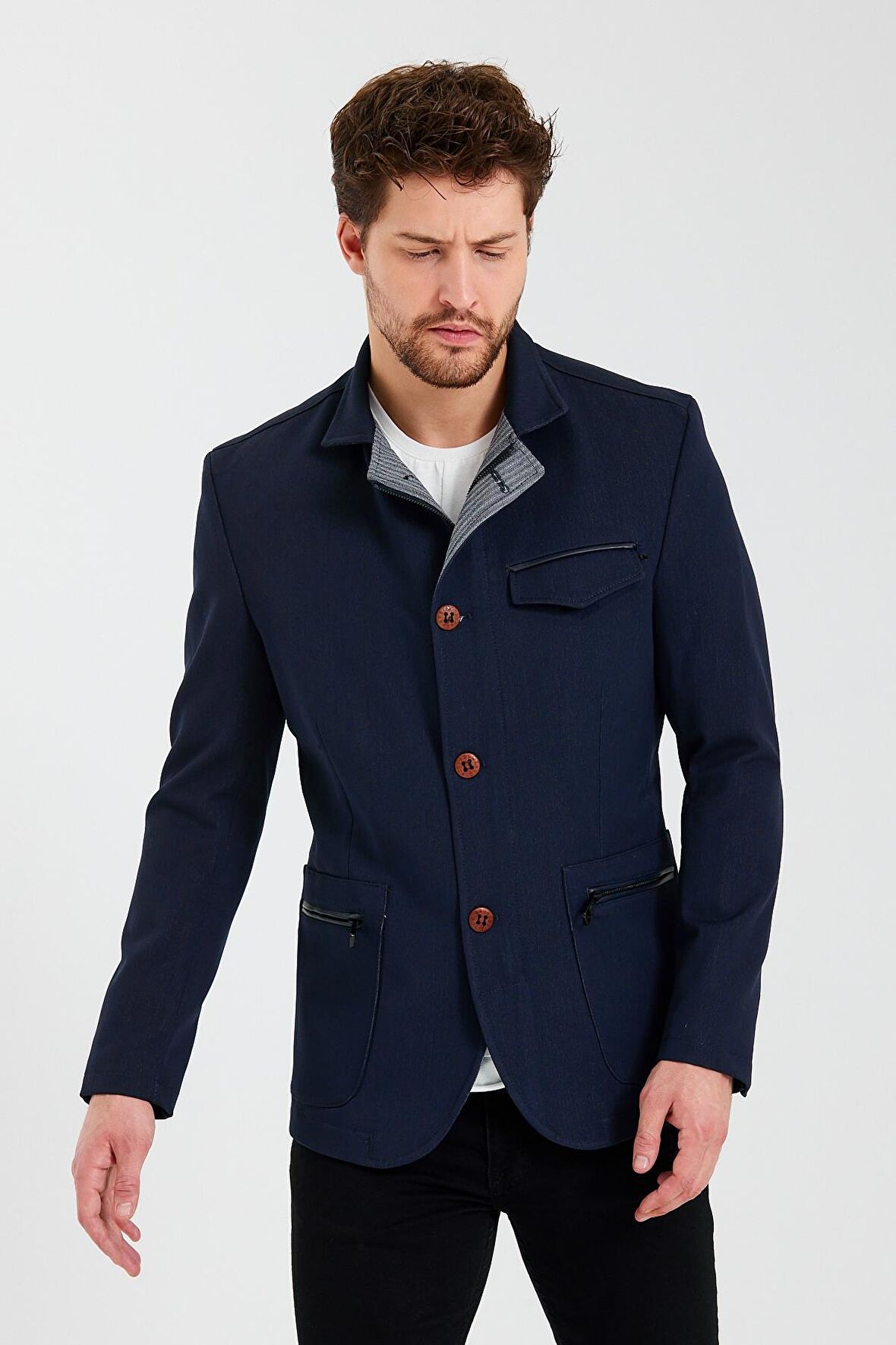 CEKMON Erkek Dik Yaka Fermuarlı Düğmeli Cepli Düz Renk Astarlı Blazer Klasik Ceket