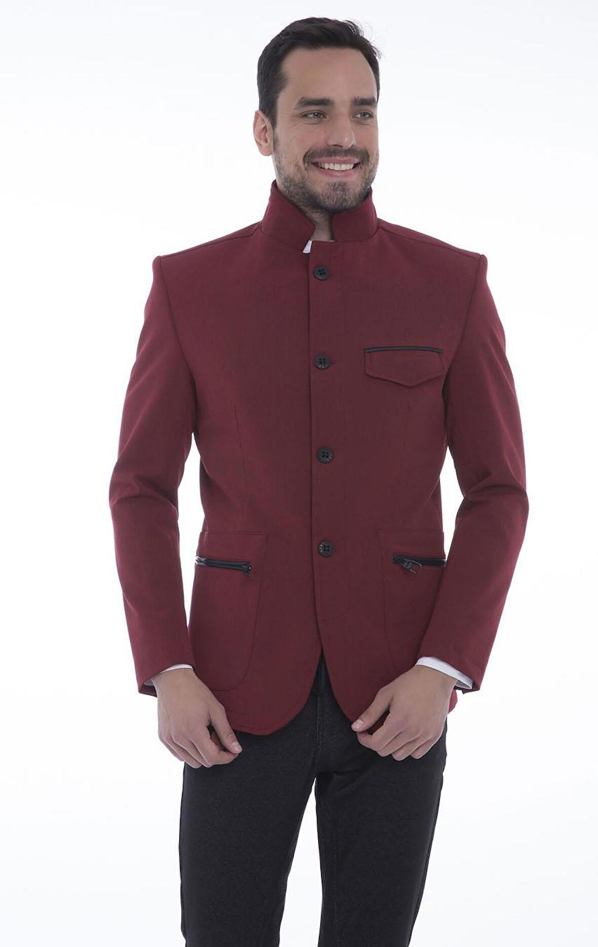 CEKMON Erkek Dik Yaka Fermuarlı Düğmeli Cepli Düz Renk Astarlı Blazer Klasik Ceket