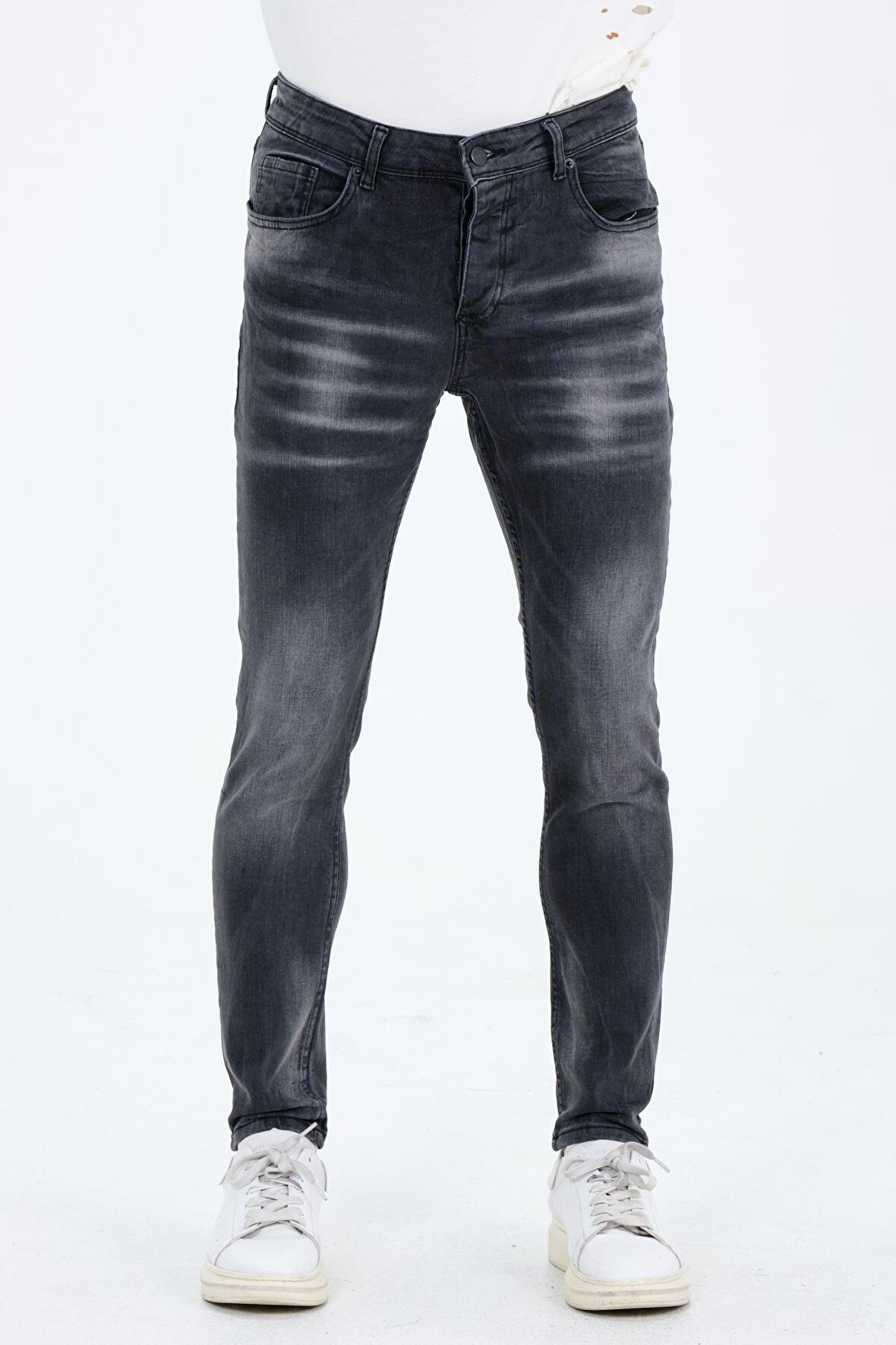 Erkek Gri Slim Fit Taş Yıkamalı Kot Pantolon