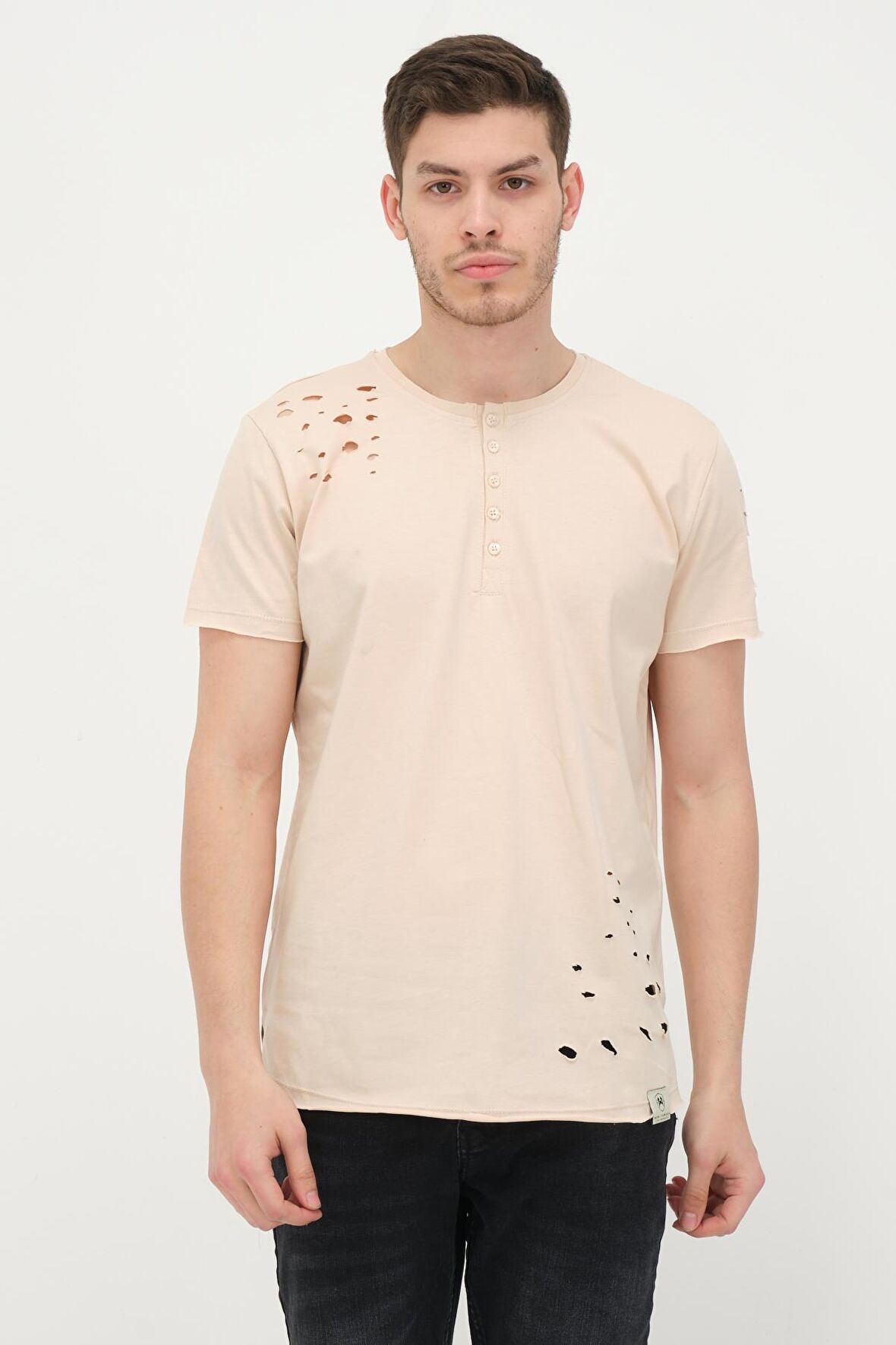 Erkek Düğmeli Yırtık Detaylı Kısa Kollu Basic T-shirt