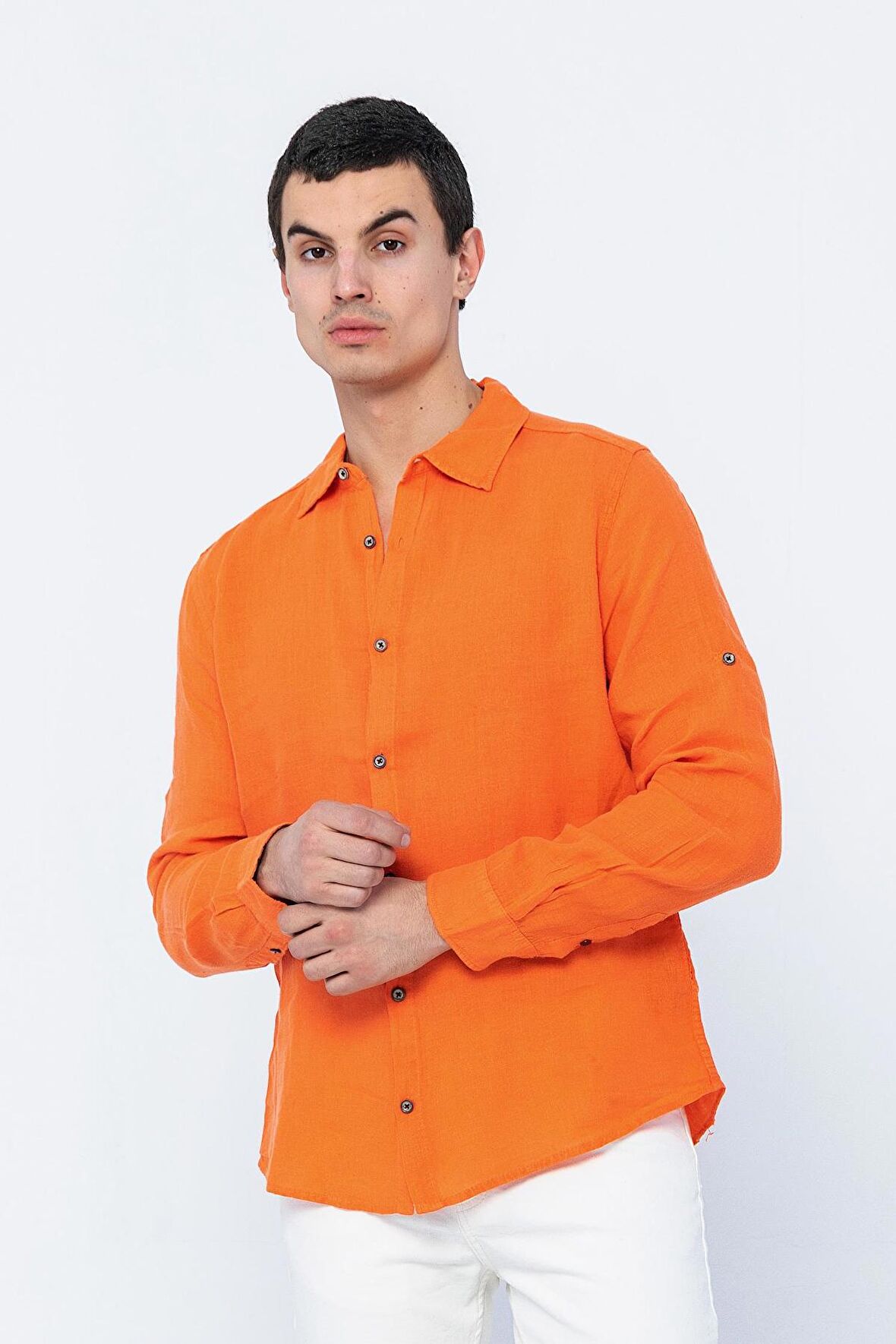 Erkek Regular Fit %100 Keten Uzun Kollu ve Katlama Kollu Gömlek 