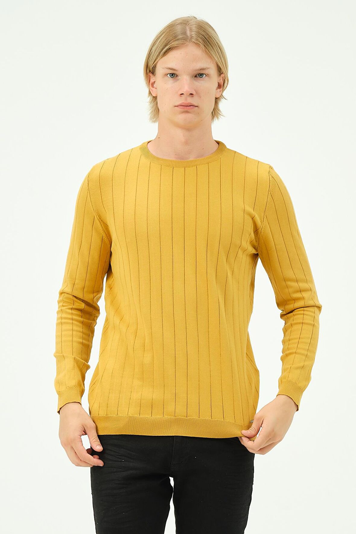 Erkek Regular Fit Düz Renk Bisiklet Yaka Uzun Kollu Çizgili Triko Kazak