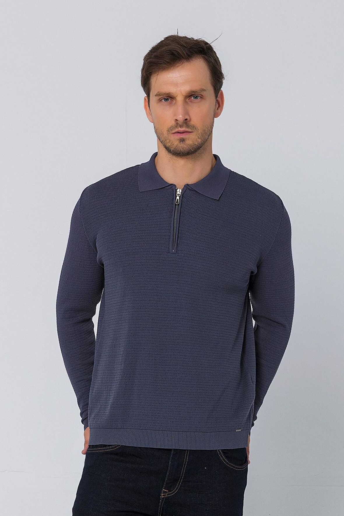Erkek Regular Fit Düz Renk Polo Yaka Fermuarlı Uzun Kollu Triko Kazak