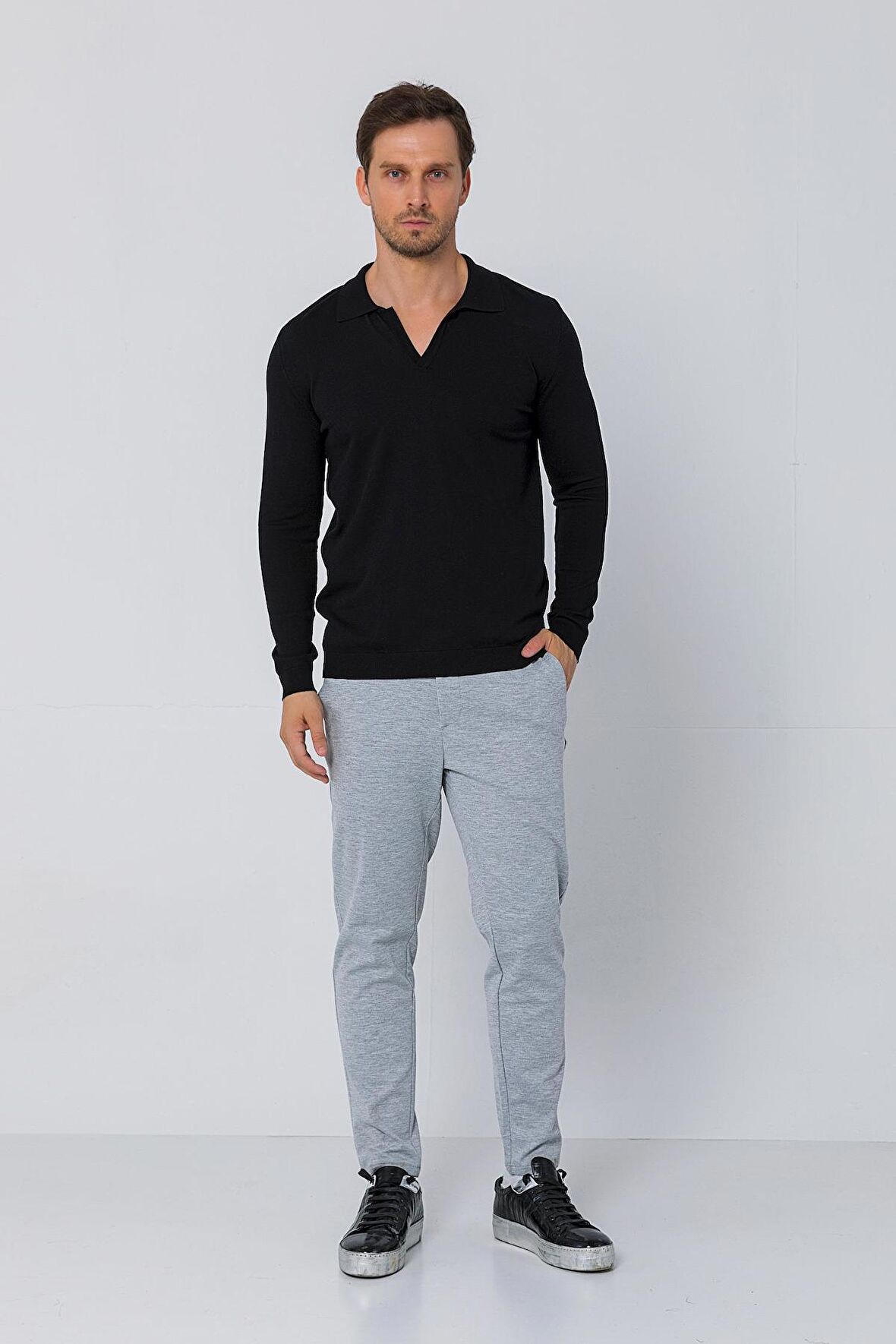 Erkek Regular Fit Düz Renk Polo Kaleci Yaka Uzun Kollu Triko Kazak