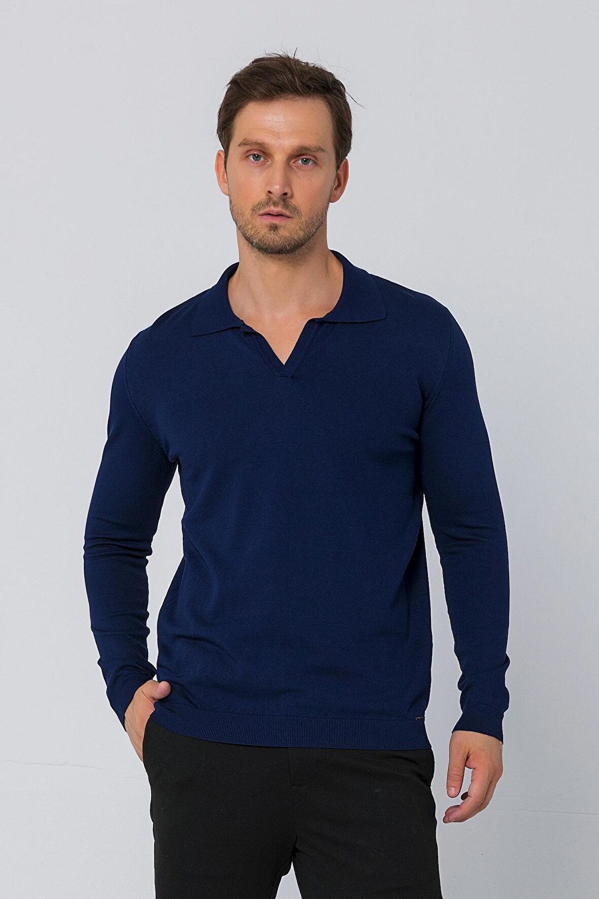 Erkek Regular Fit Düz Renk Polo Kaleci Yaka Uzun Kollu Triko Kazak
