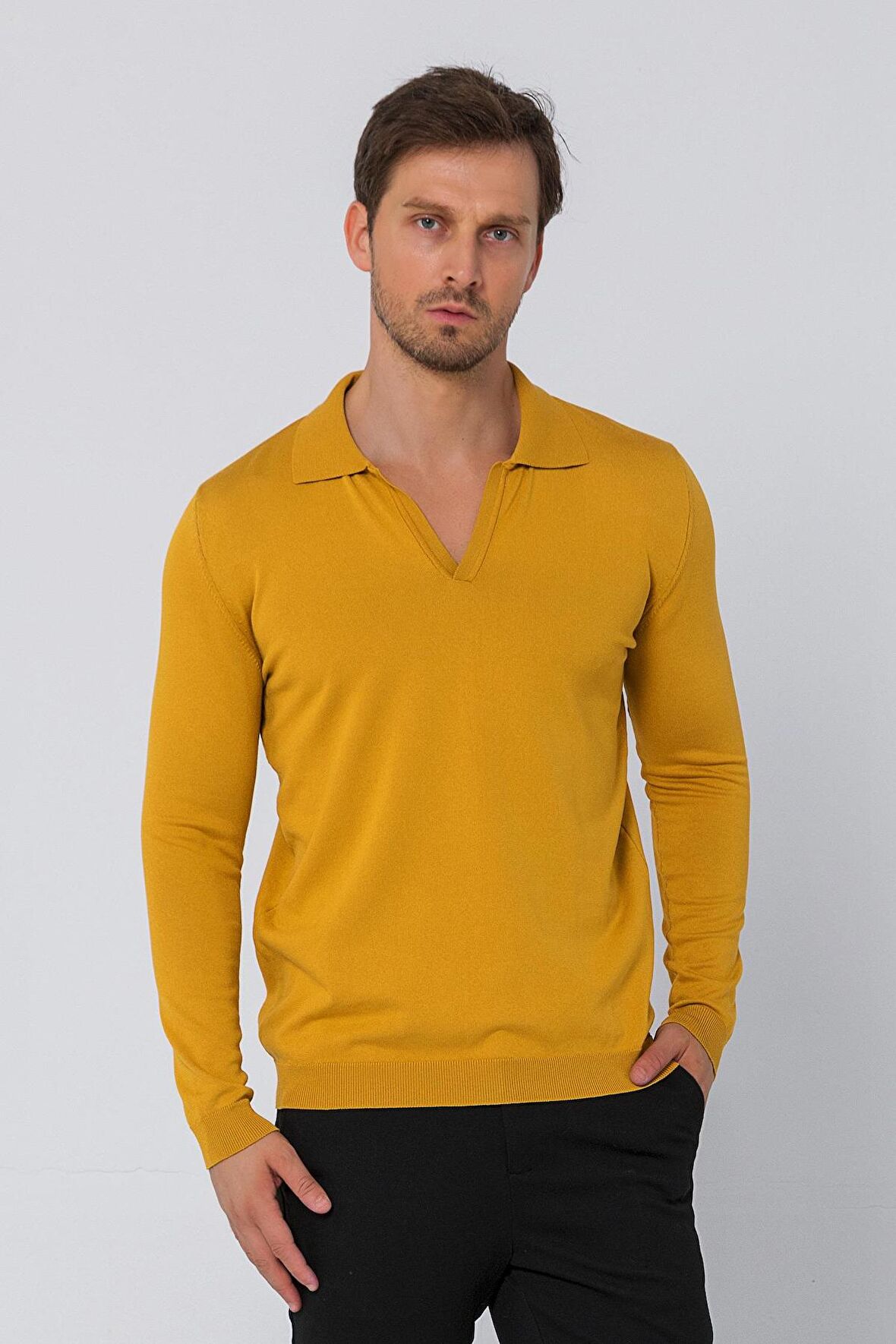 Erkek Regular Fit Düz Renk Polo Kaleci Yaka Uzun Kollu Triko Kazak