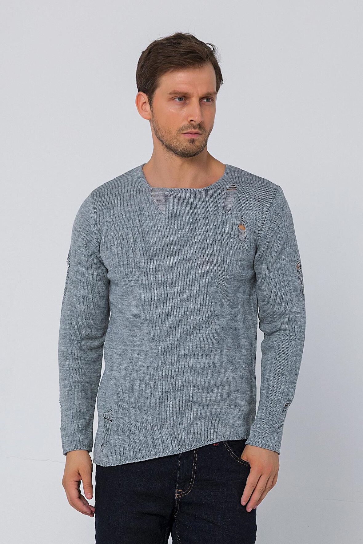 Erkek Bisiklet Yaka Yırtık Detaylı Kalın Triko Kazak