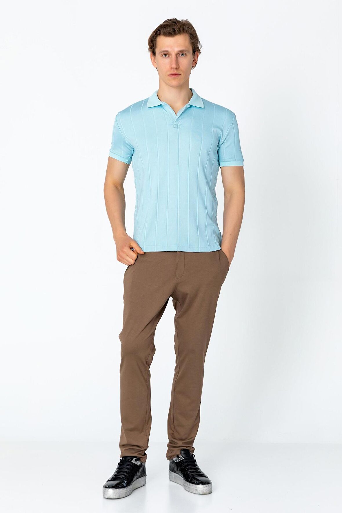 Erkek Fit Rahat Yandan Yırtmaçlı Polo Kaleci Yaka T-Shirt