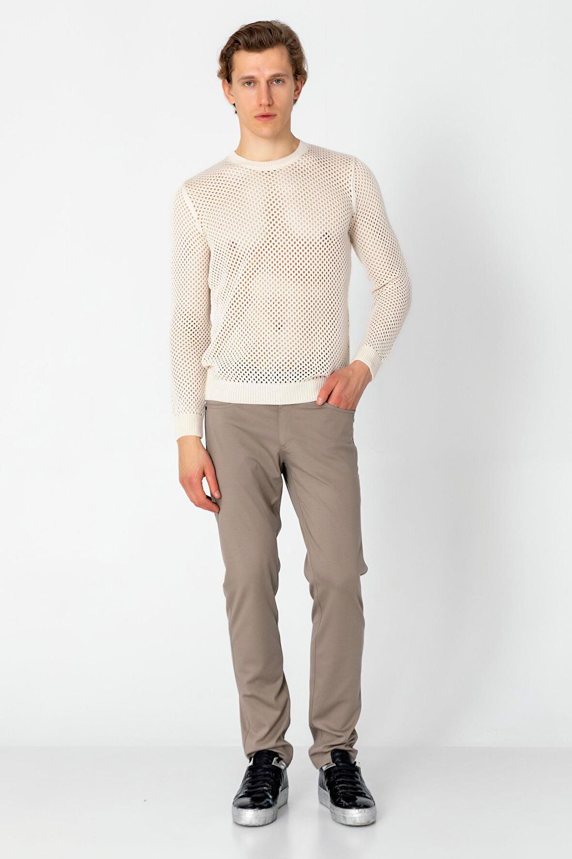 Erkek Fit File Örgülü Bisiklet Yaka Rahat Triko