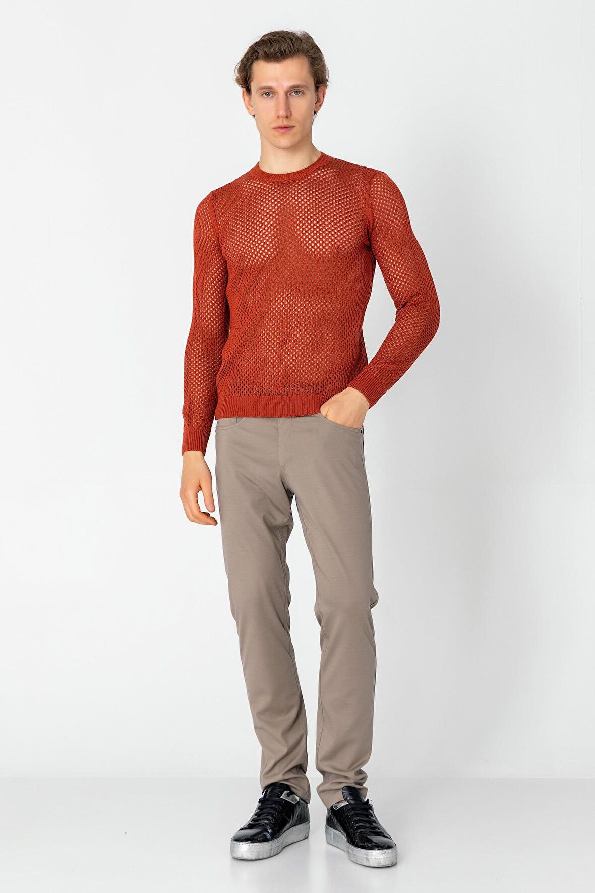 Erkek Fit File Örgülü Bisiklet Yaka Rahat Triko