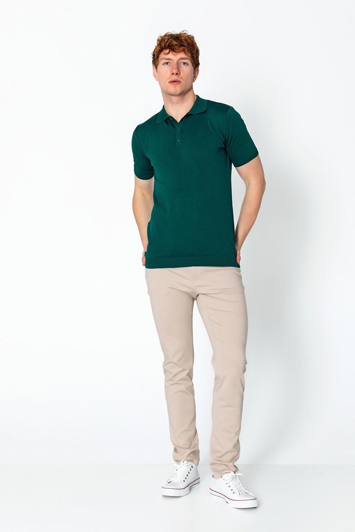 Erkek Fit Altı Kolları Lastikli Polo Yaka Düğmeli T-Shirt