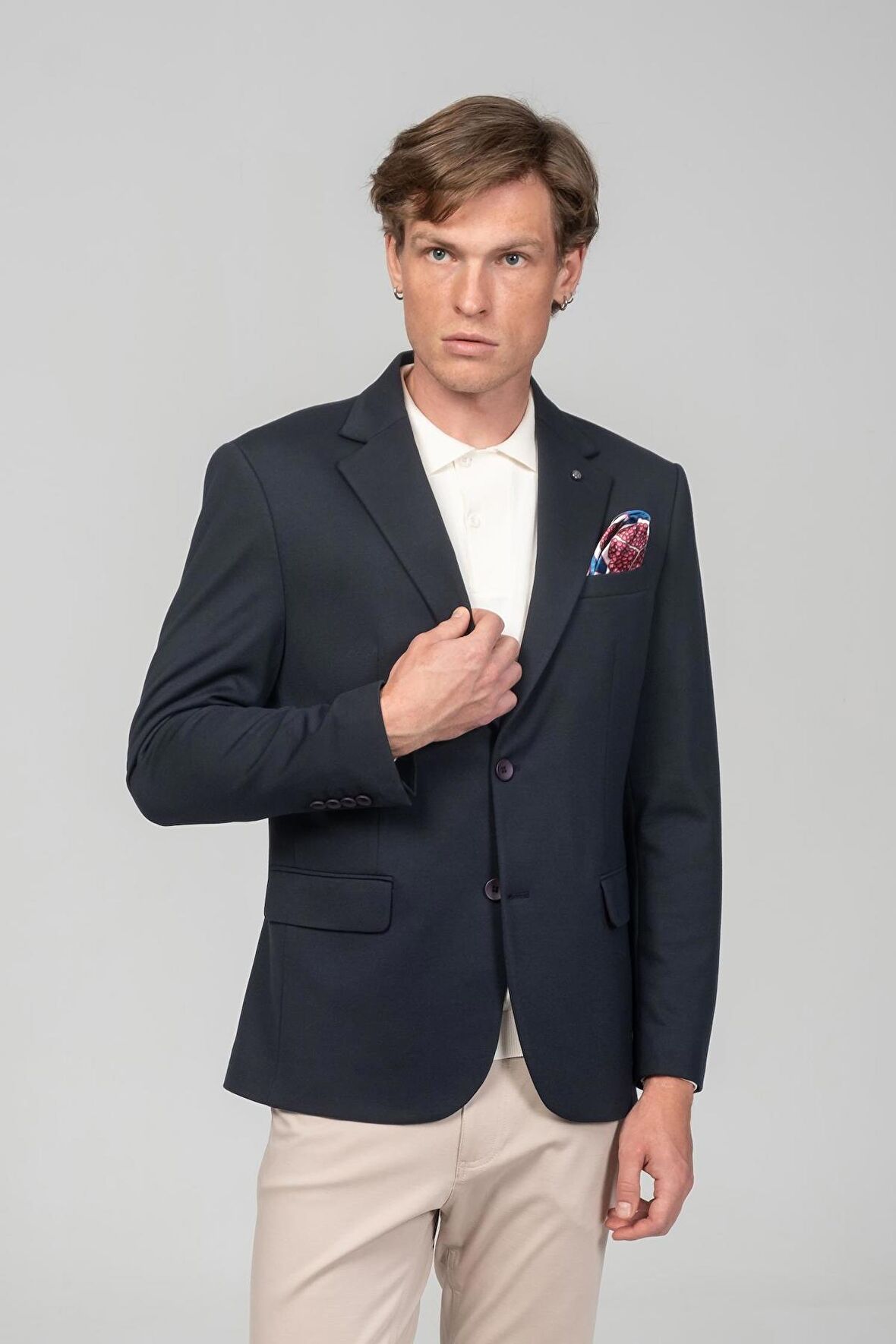 CEKMON Erkek Astarlı Çift Yırtmaçlı Örme Esnek Kumaşdan Yakası Ve Mendili Detaylı Klasik Ceket