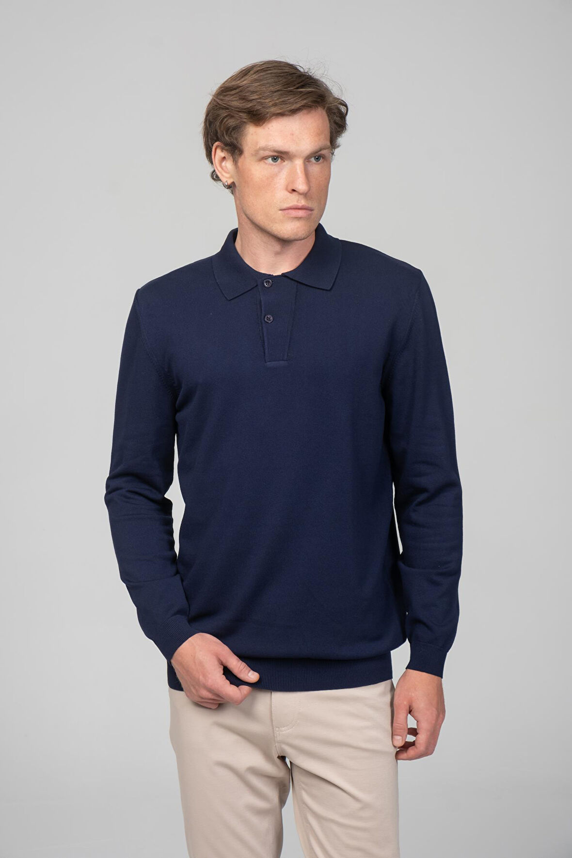 Erkek Uzun Kollu Polo Yaka Önü Düğme Detaylı Pamuk Triko
