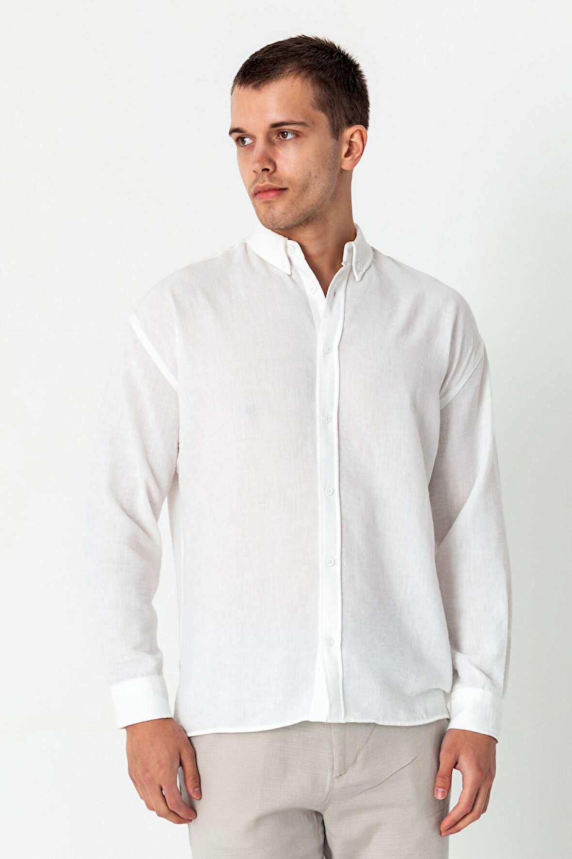 Erkek Keten Görünümlü Rahat Kesim Yazlık Gömlek