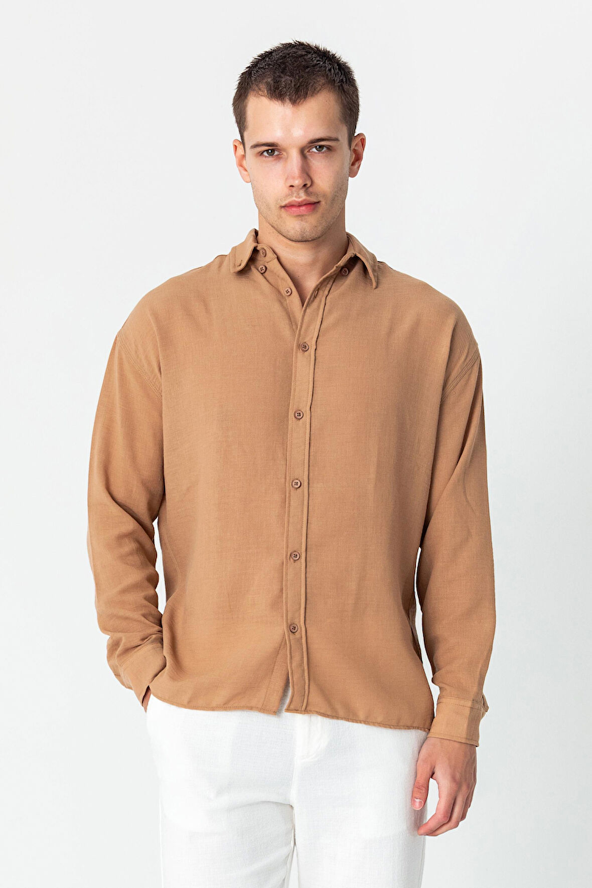 Erkek Keten Görünümlü Rahat Kesim Yazlık Gömlek