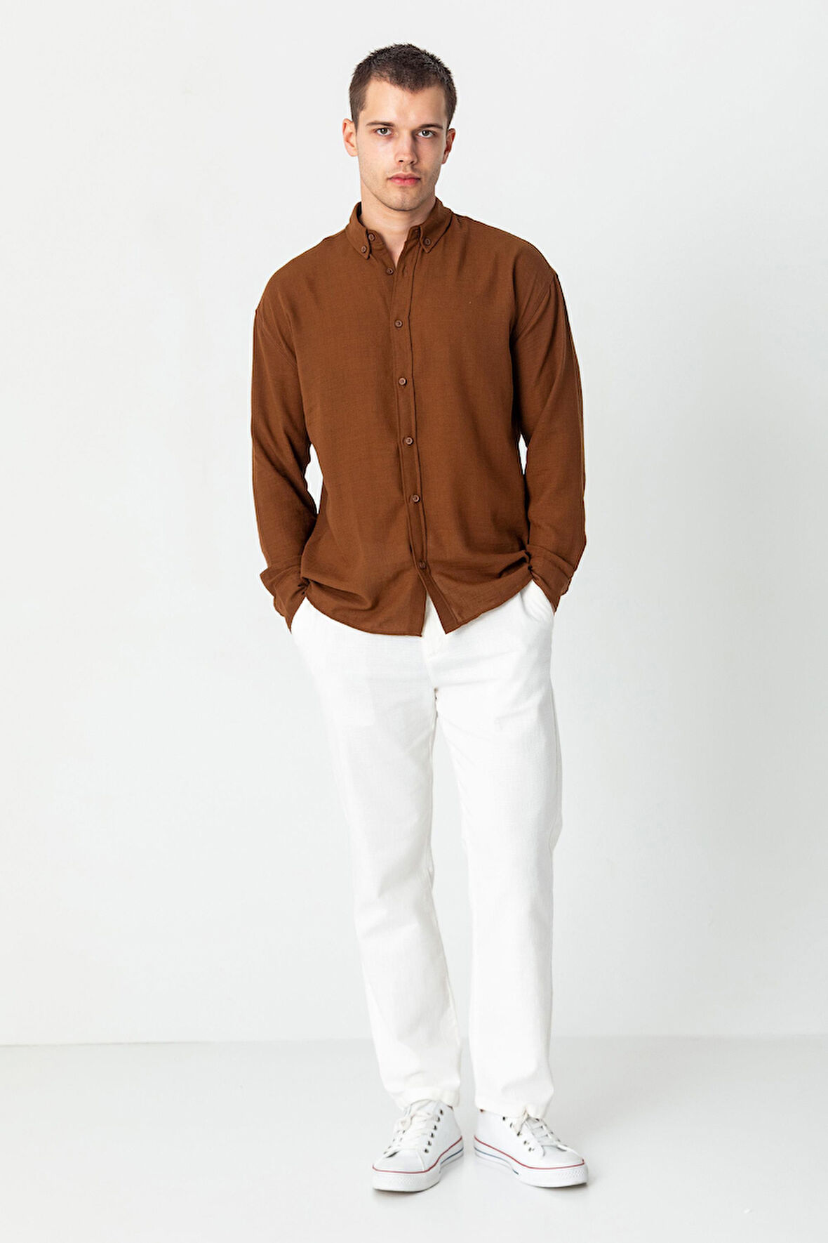 Erkek Keten Görünümlü Rahat Kesim Yazlık Gömlek