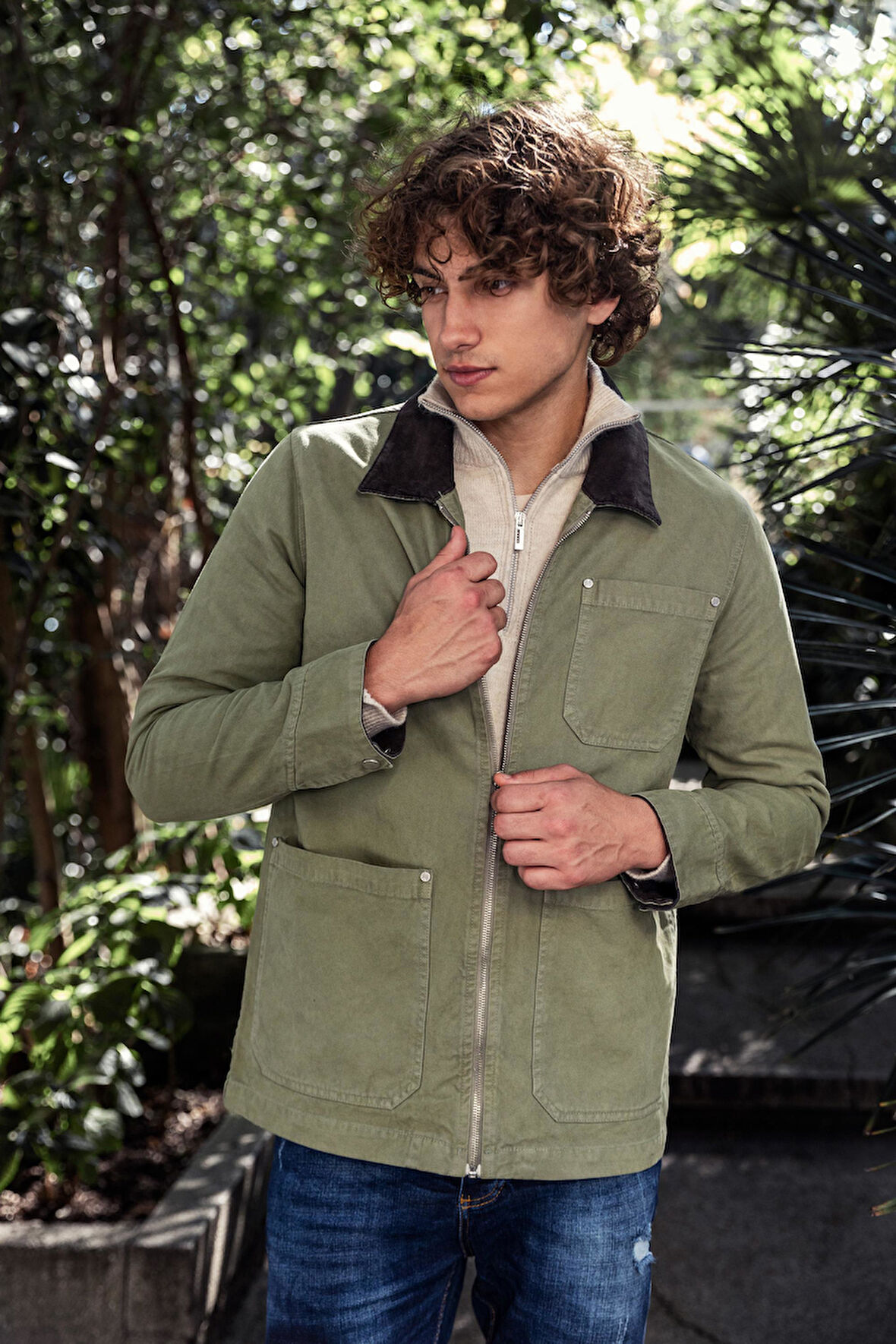 Erkek Kadife Yaka Detaylı %100 Pamuk Parça Boayalı Astarsız Mont