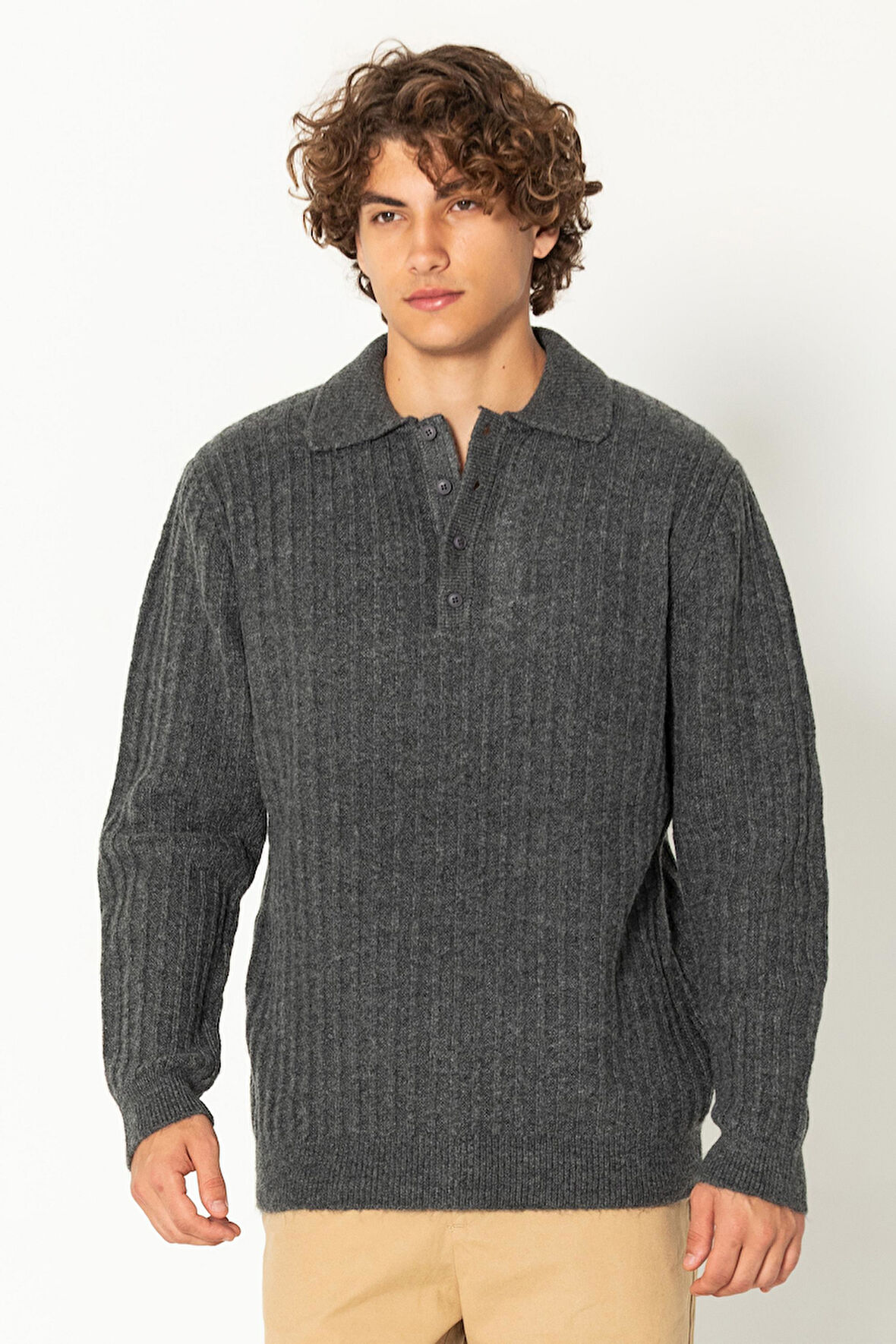 Erkek Şık Polo Yaka Kaşmir Dokulu Düğmeli Triko Kazak