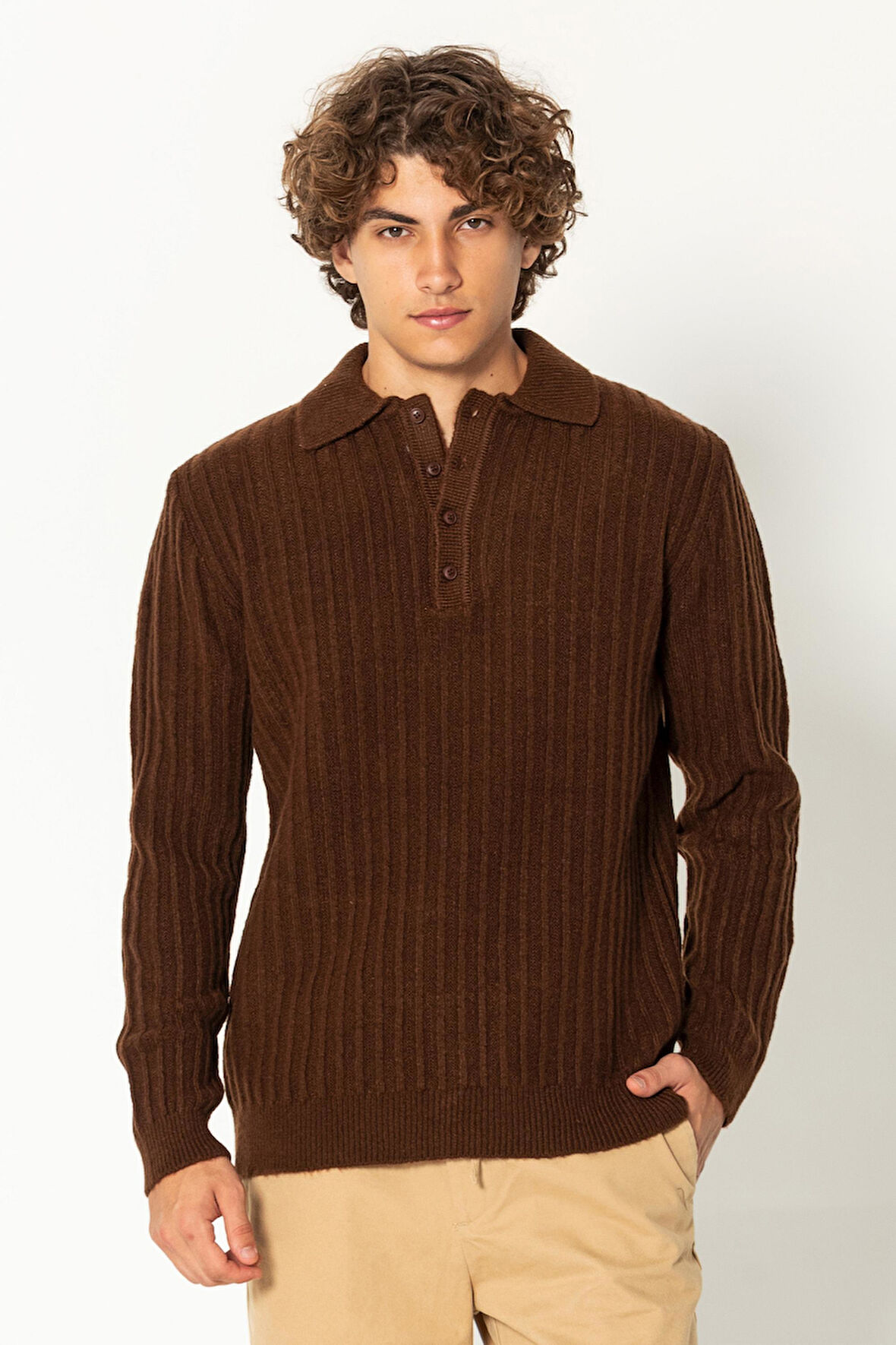 Erkek Şık Polo Yaka Kaşmir Dokulu Düğmeli Triko Kazak