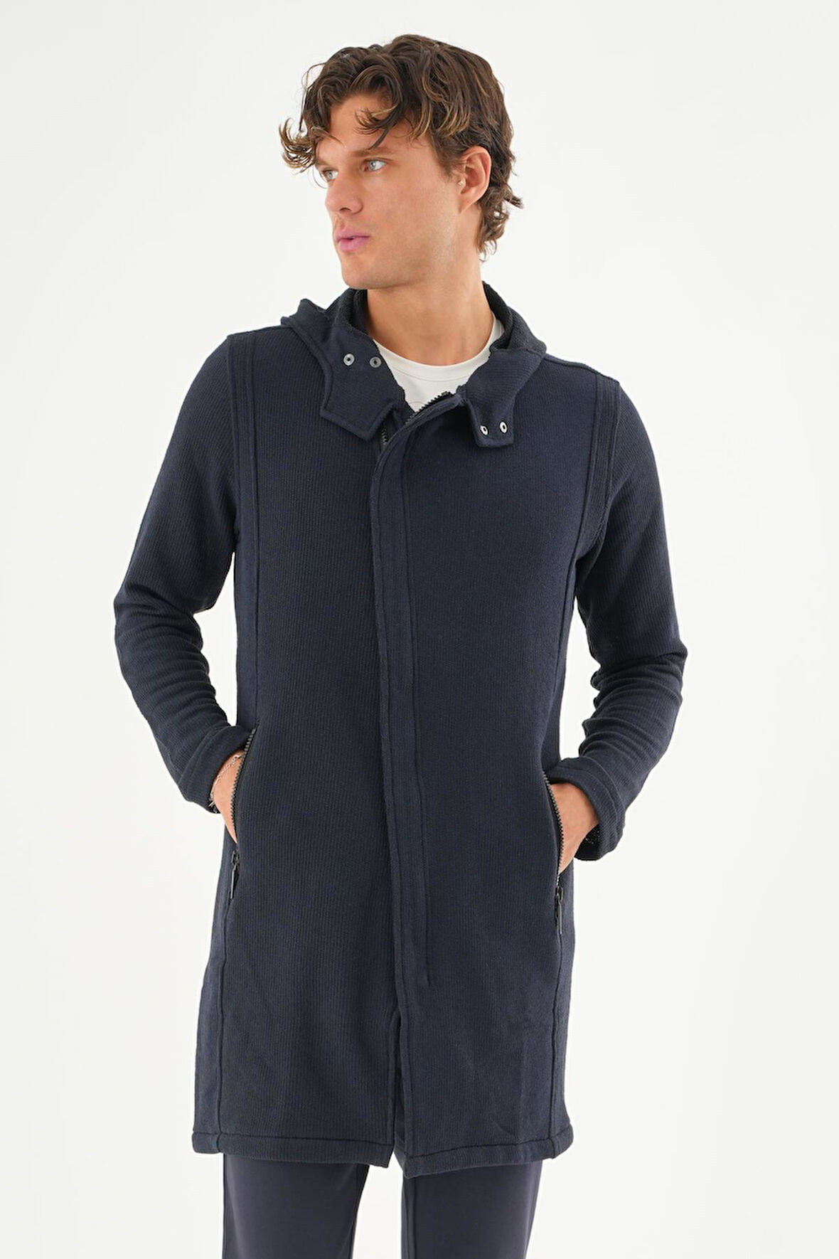 Erkek Kapüşonlu Fermuarlı Cepli Triko Uzun Salaş Spor Hırka