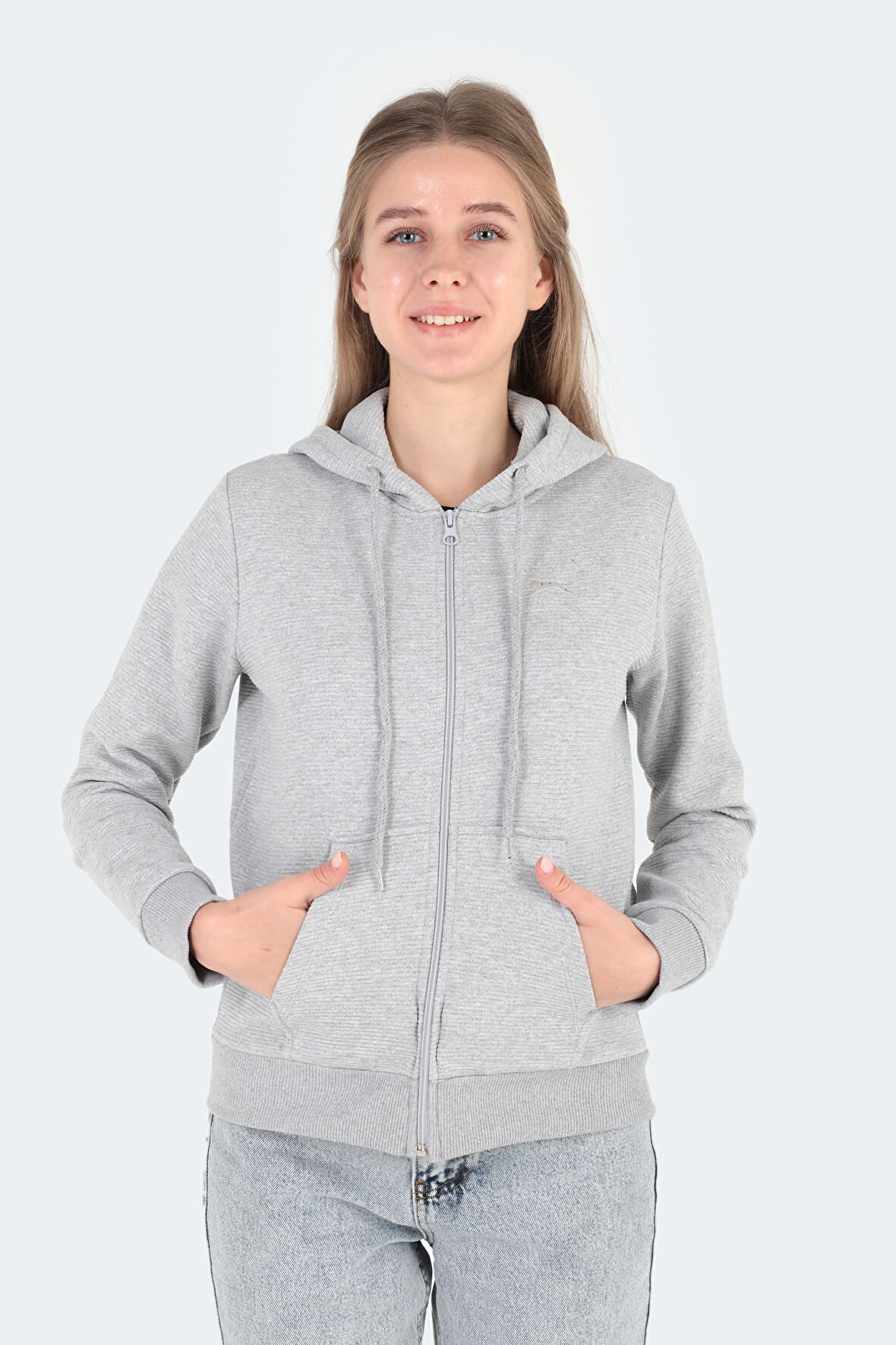 Slazenger PEMA I Kadın Fermuarlı Kapüşonlu Cepli Gri Sweatshirt