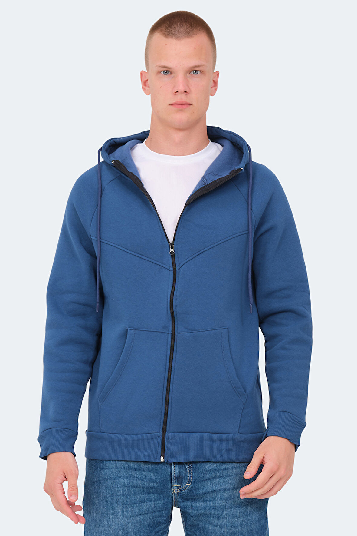 Slazenger KAZUE I Erkek Fermuarlı Kapüşonlu Cepli Indigo Sweatshirt