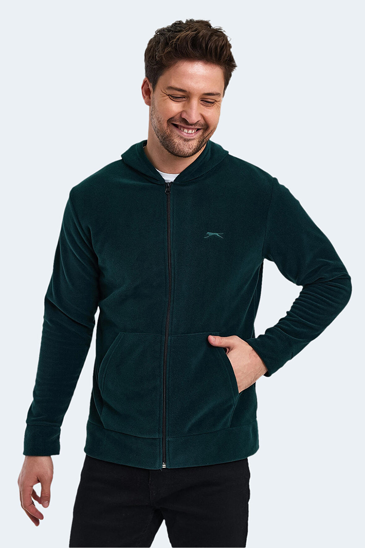 Slazenger SAMSON IN Erkek Fermuarlı Kapüşonlu Cepli Koyu Yeşil Polar