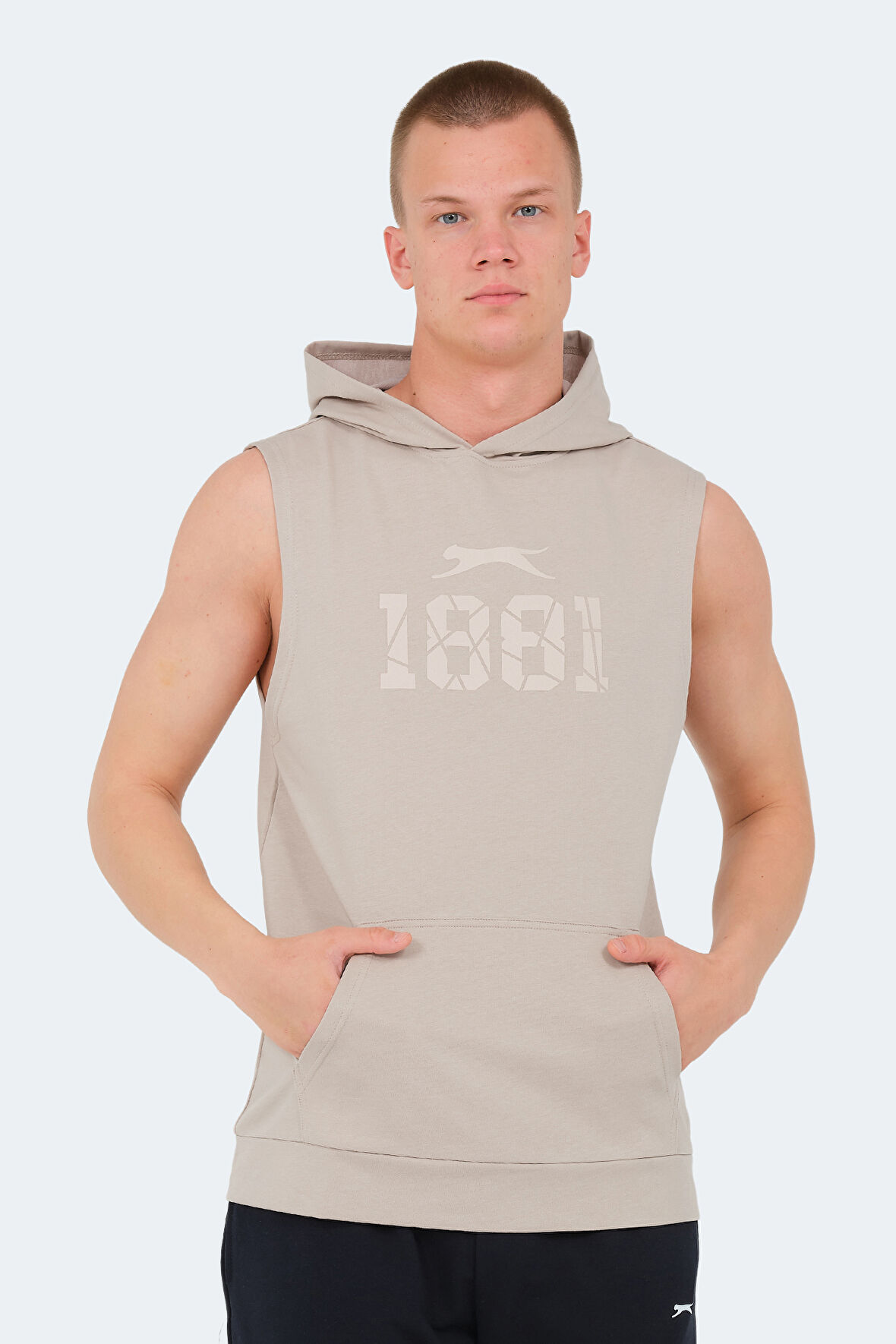 Slazenger VASILISA Erkek Kolsuz Kanguru Cepli Taş Gri Tişört