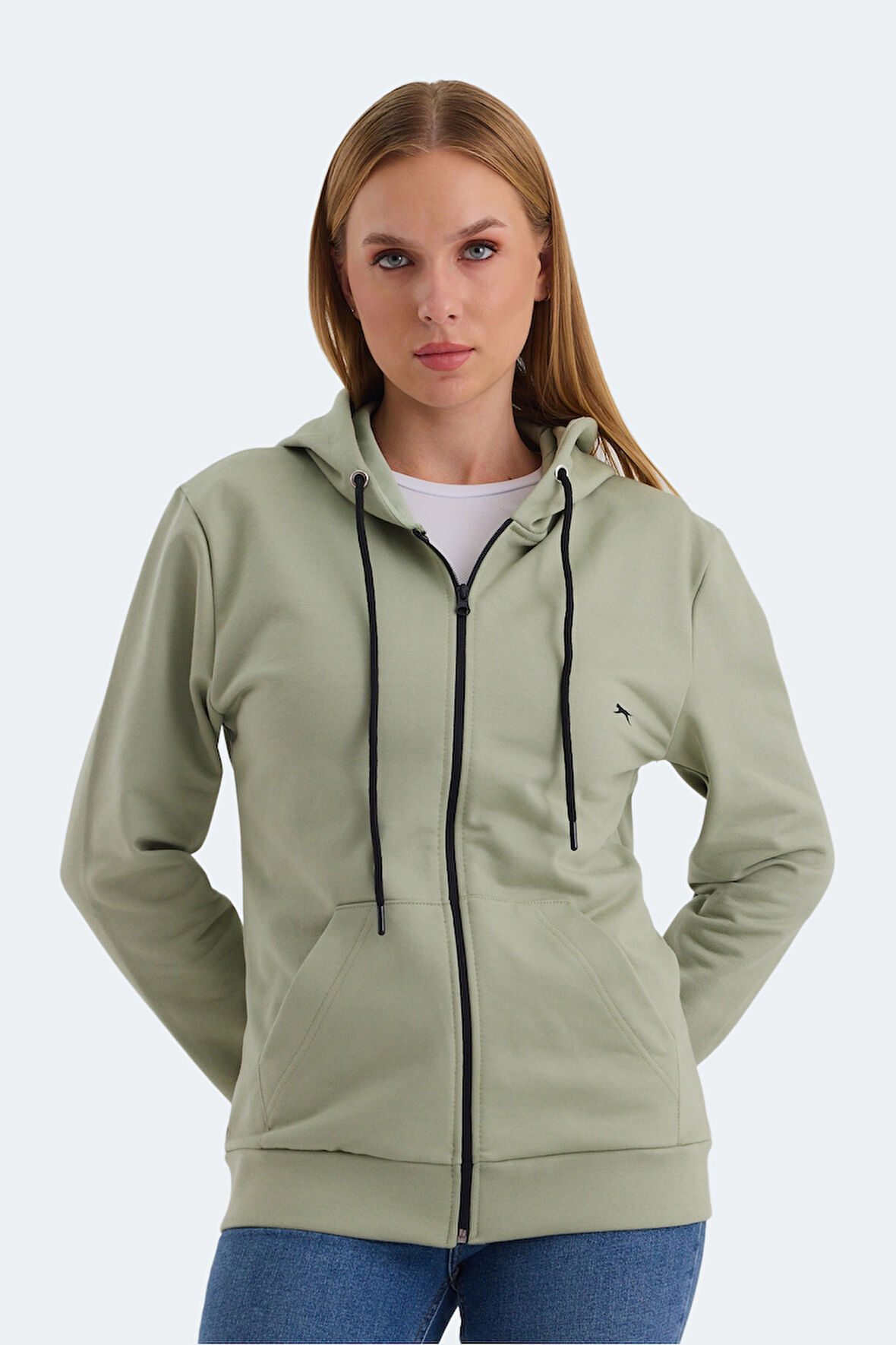 Slazenger KATYA Kadın Fermuarlı Kapüşonlu Cepli Yeşil Sweatshirt