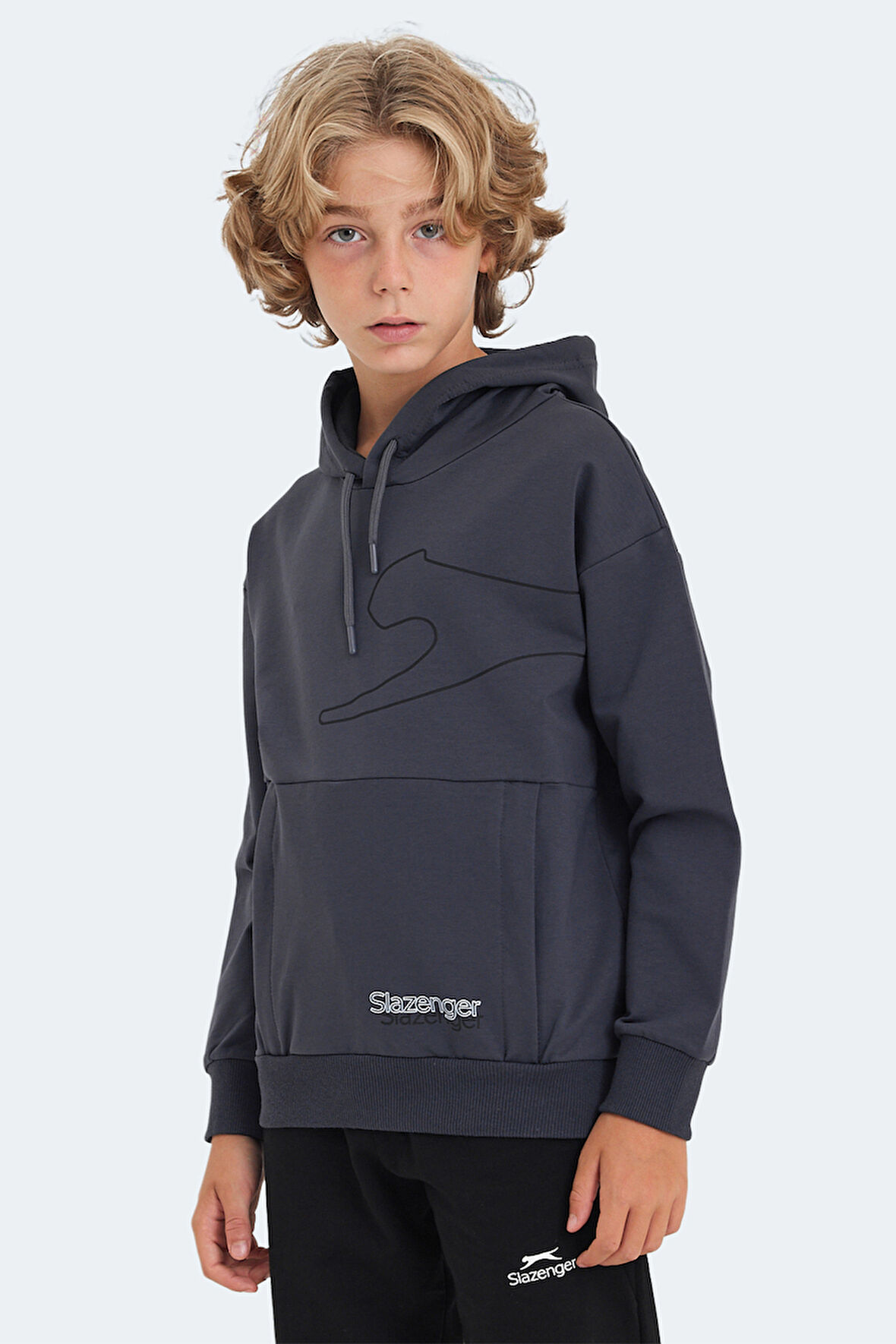 Slazenger LINK Çocuk Kapüşonlu Cepli Koyu Gri Sweatshirt