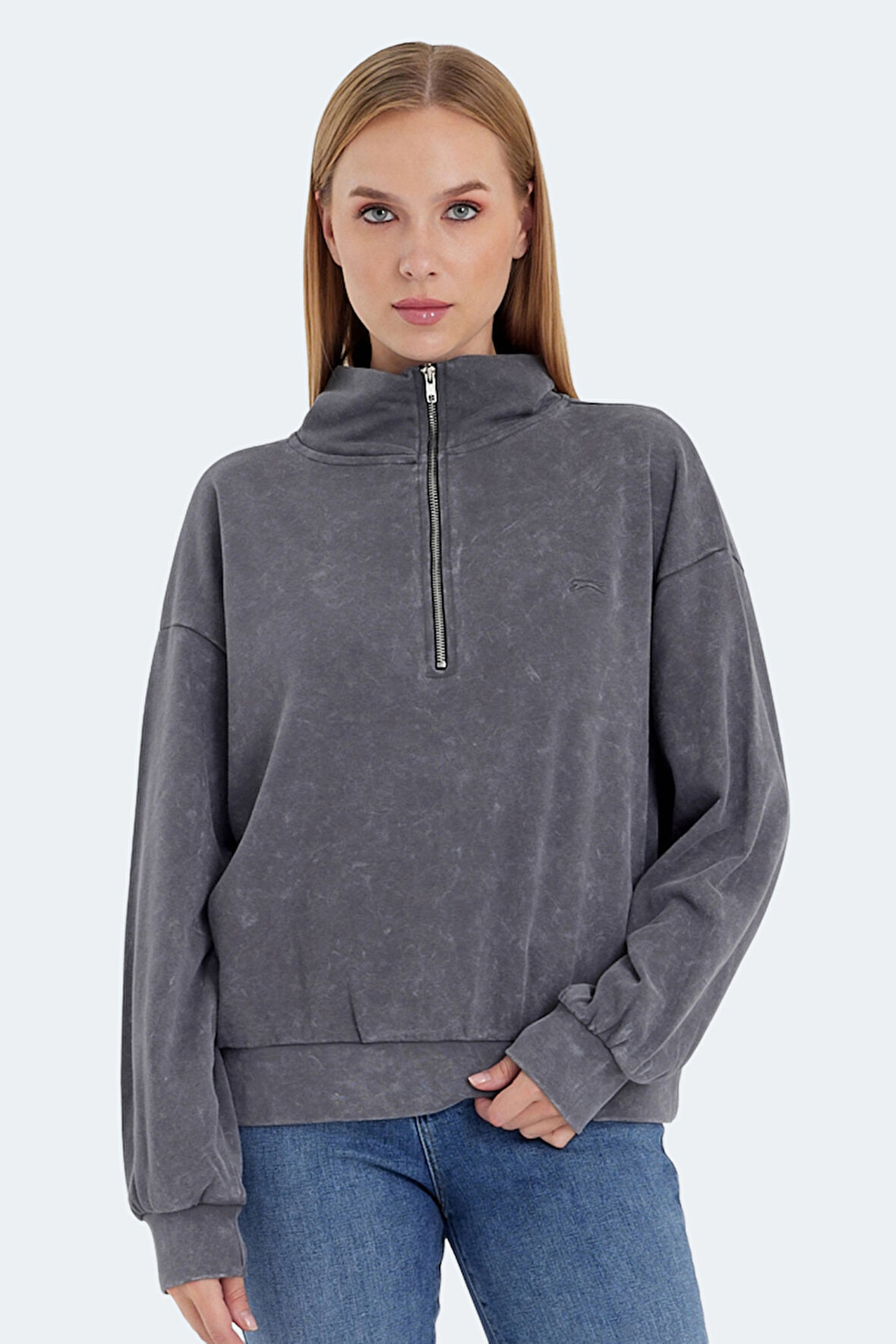 Slazenger VIEWER Oversize Kadın Dik Yaka Fermuarlı Koyu Gri Sweatshirt