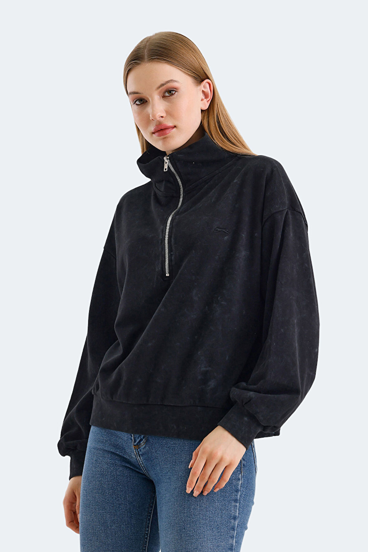 Slazenger VIEWER Oversize Kadın Dik Yaka Fermuarlı Siyah Sweatshirt