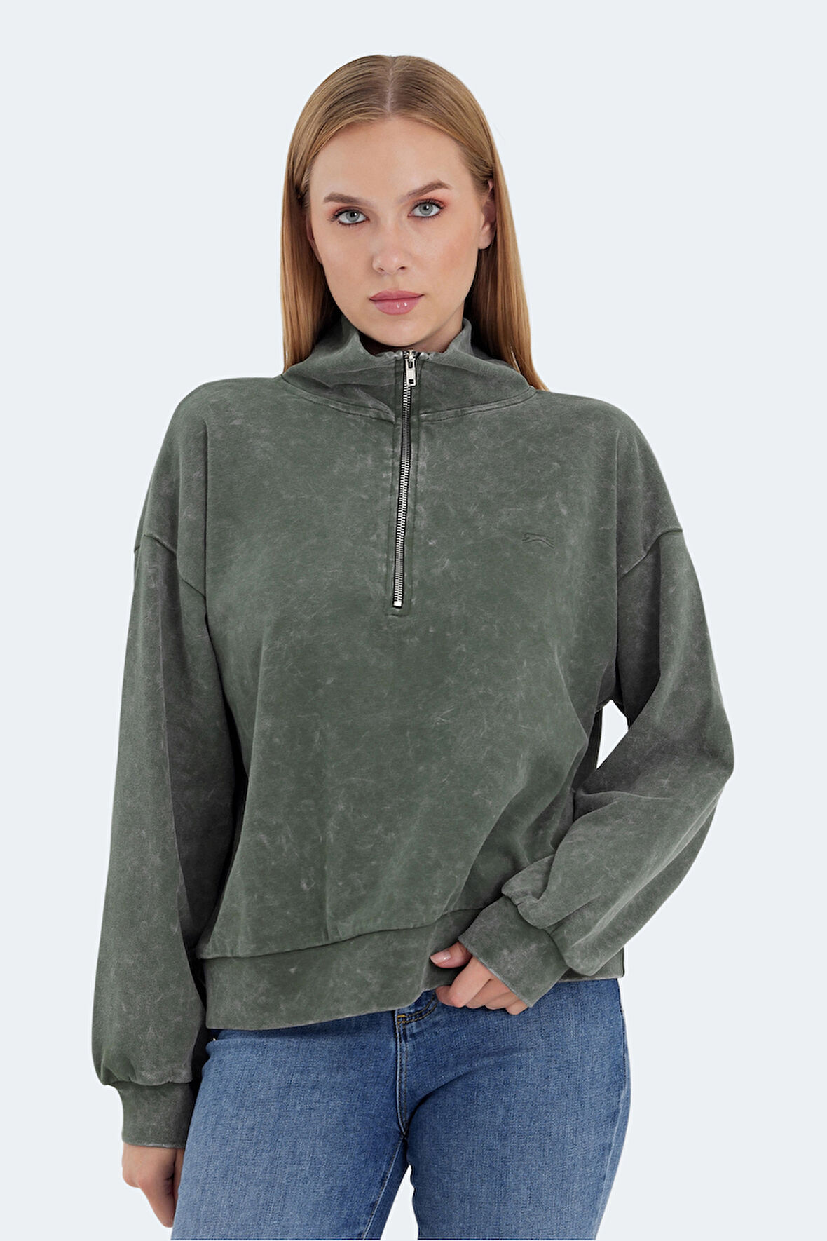 Slazenger VIEWER Oversize Kadın Dik Yaka Fermuarlı Haki Sweatshirt
