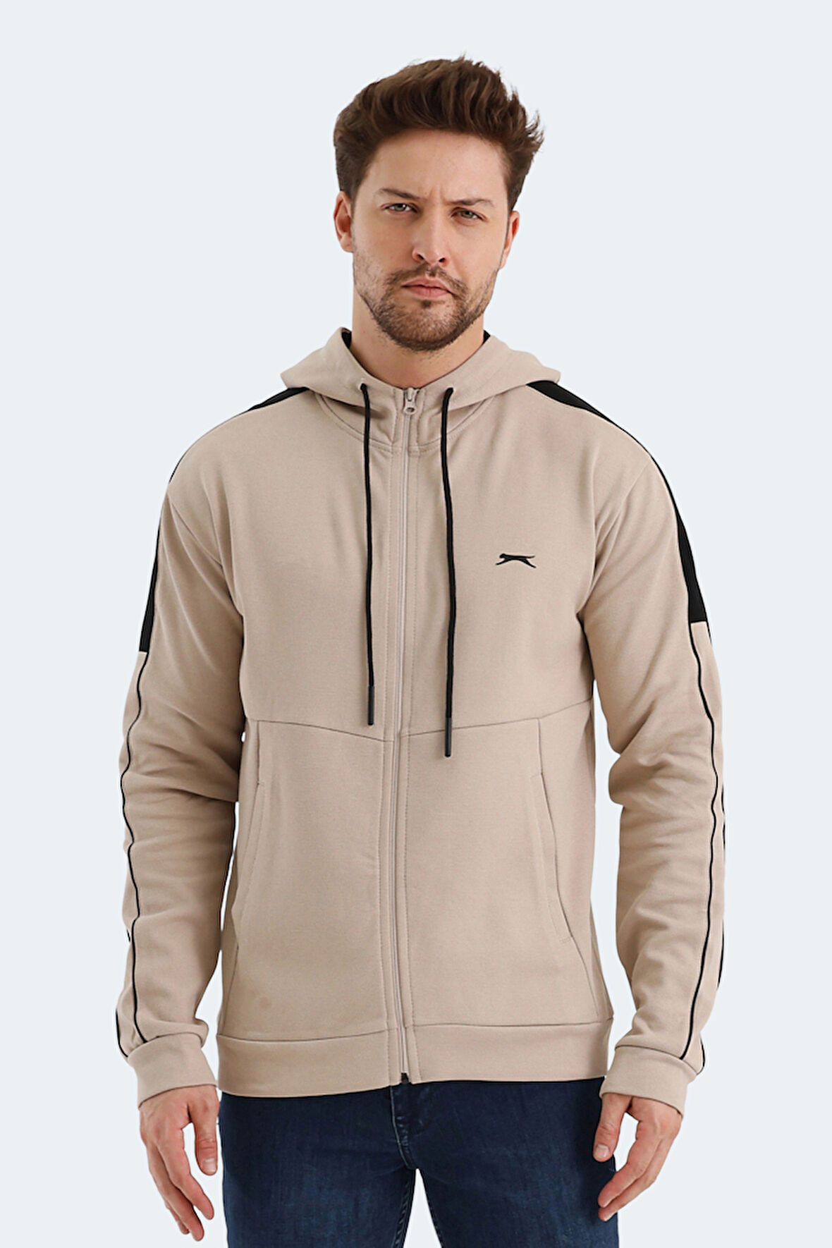 Slazenger VALERYA Erkek Fermuarlı Kapüşonlu Cepli Bej Sweatshirt