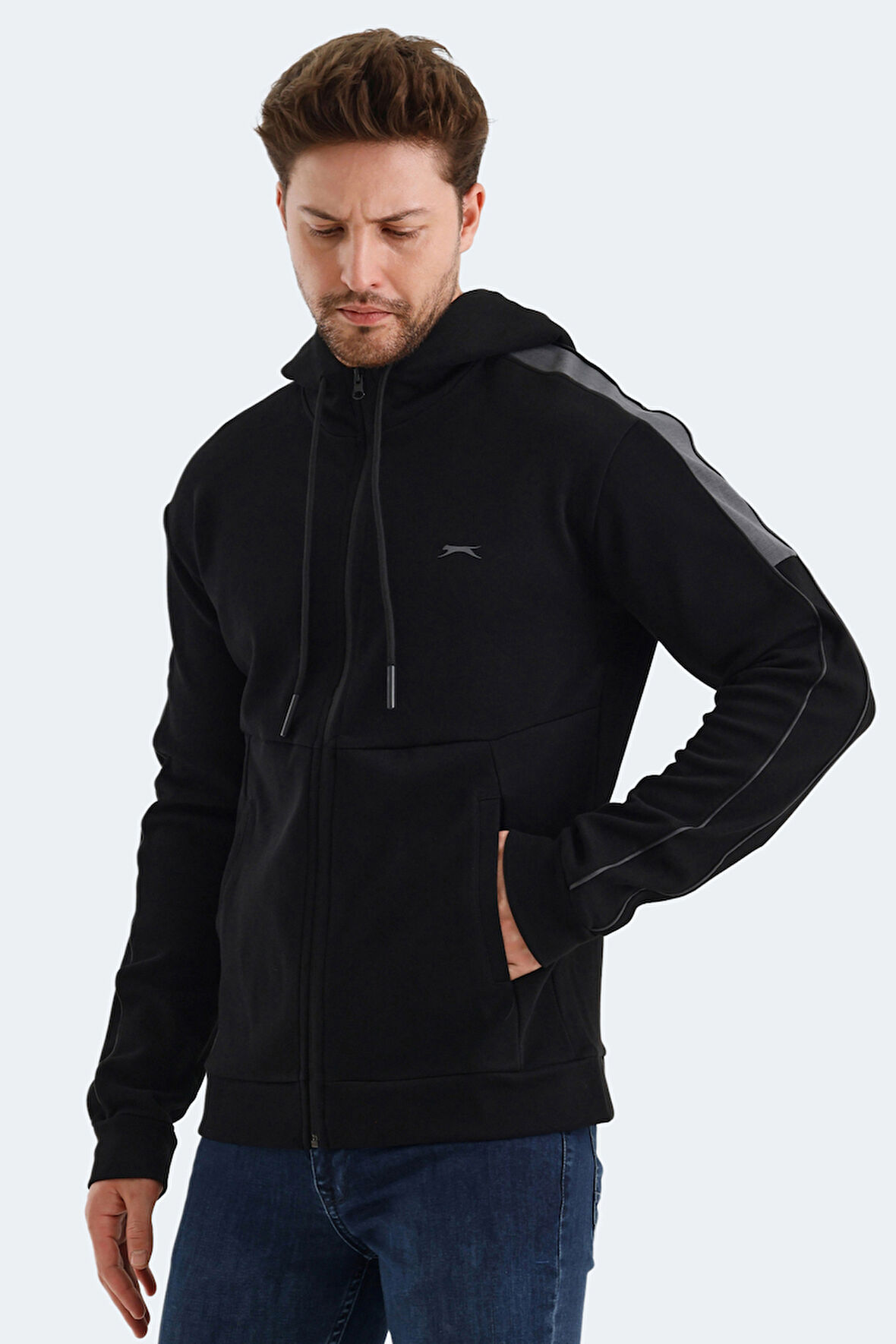 Slazenger VALERYA Erkek Fermuarlı Kapüşonlu Cepli Siyah Sweatshirt