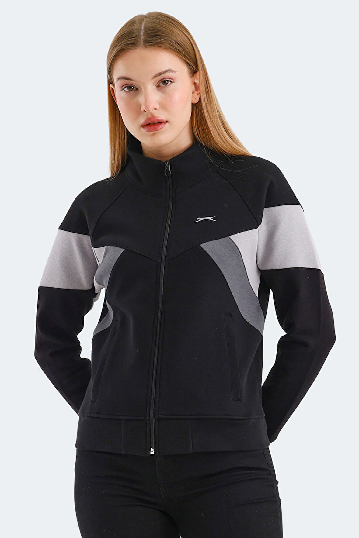 Slazenger VICTORY Kadın Fermuarlı Dik Yaka Cepli Siyah Sweatshirt