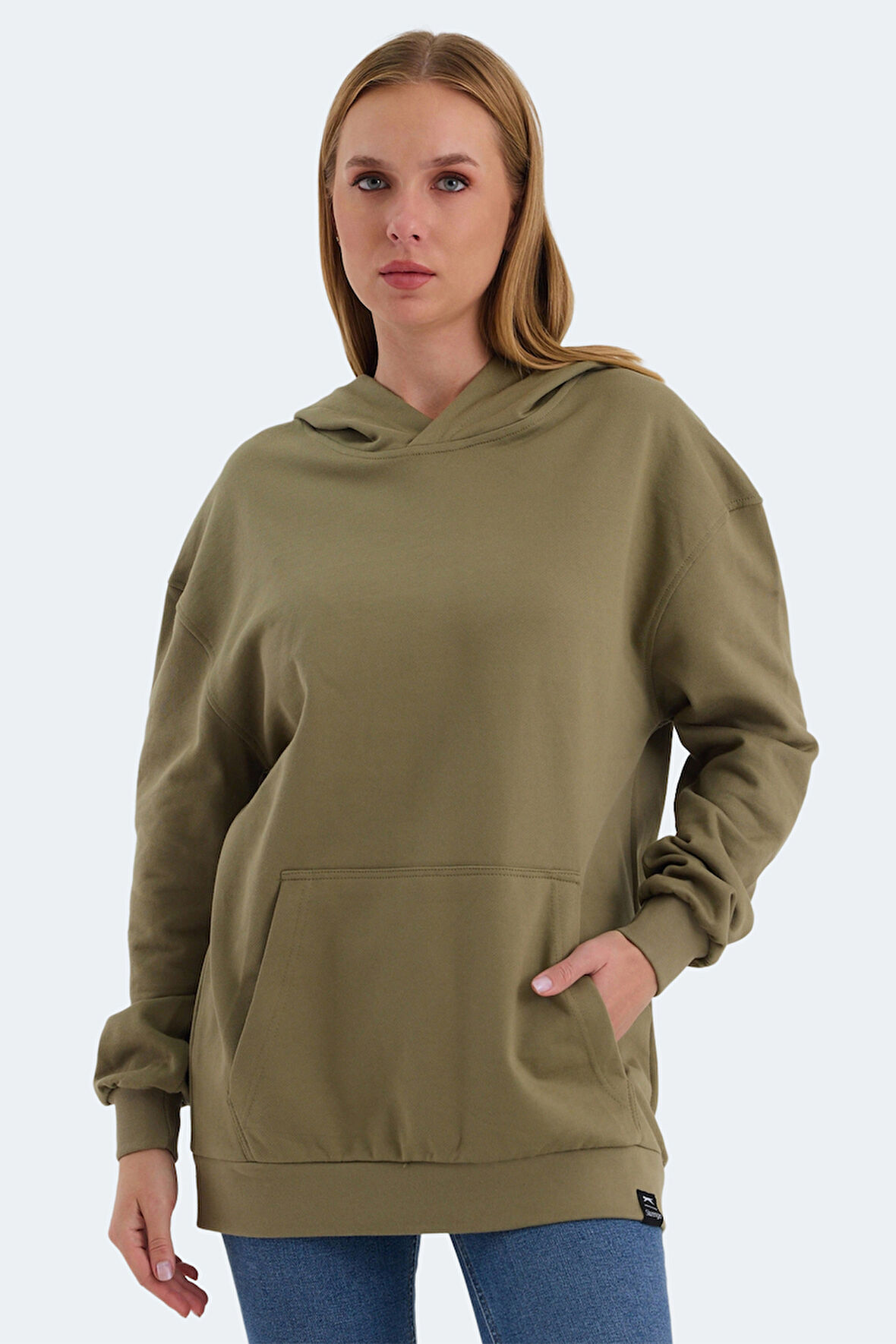 Slazenger VIOLENCE Kadın Kapüşonlu Cepli Oversıze Haki Sweatshirt