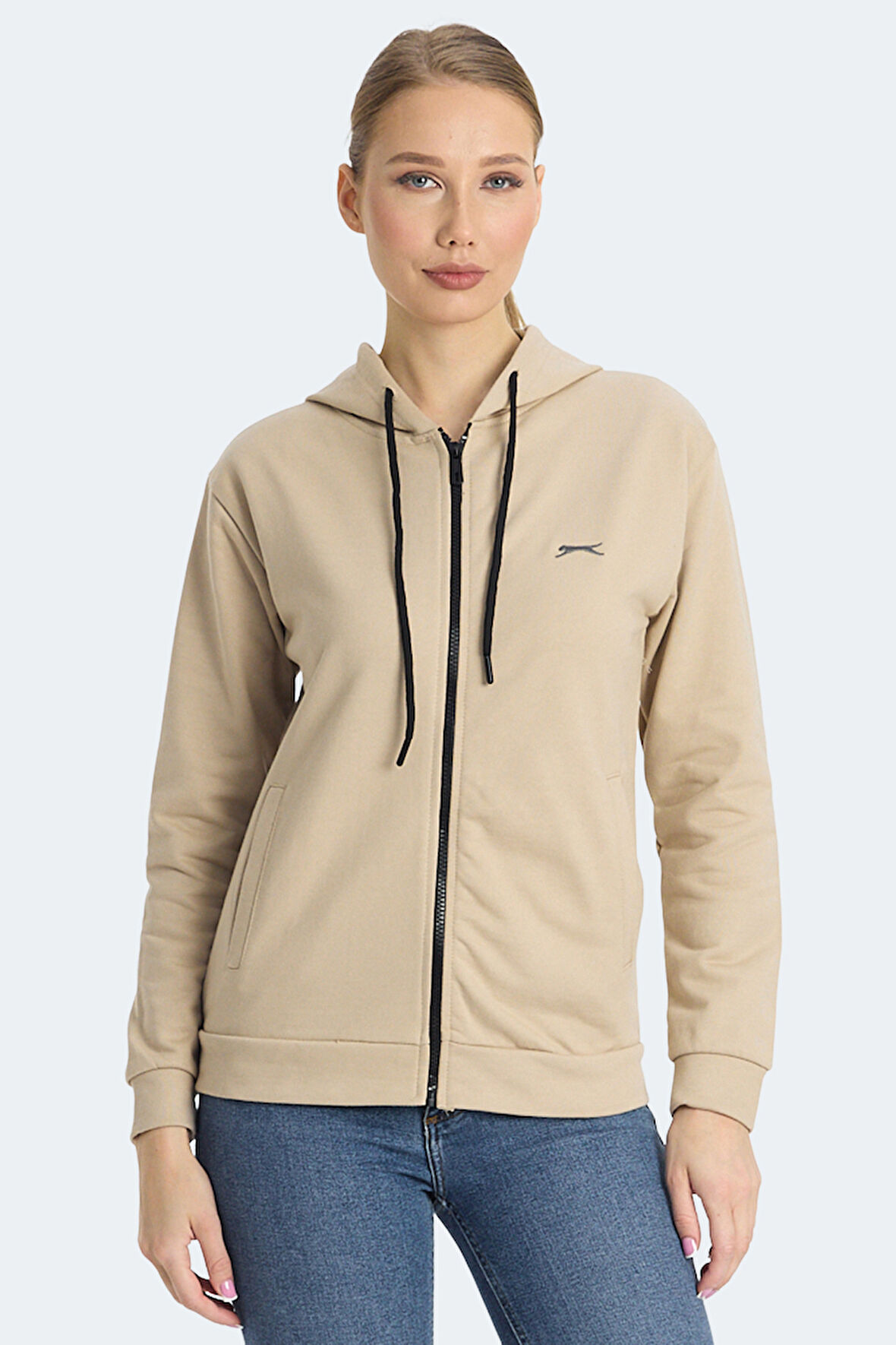 Slazenger KINET Kadın Fermuarlı Kapüşonlu Cepli Bej Sweatshirt