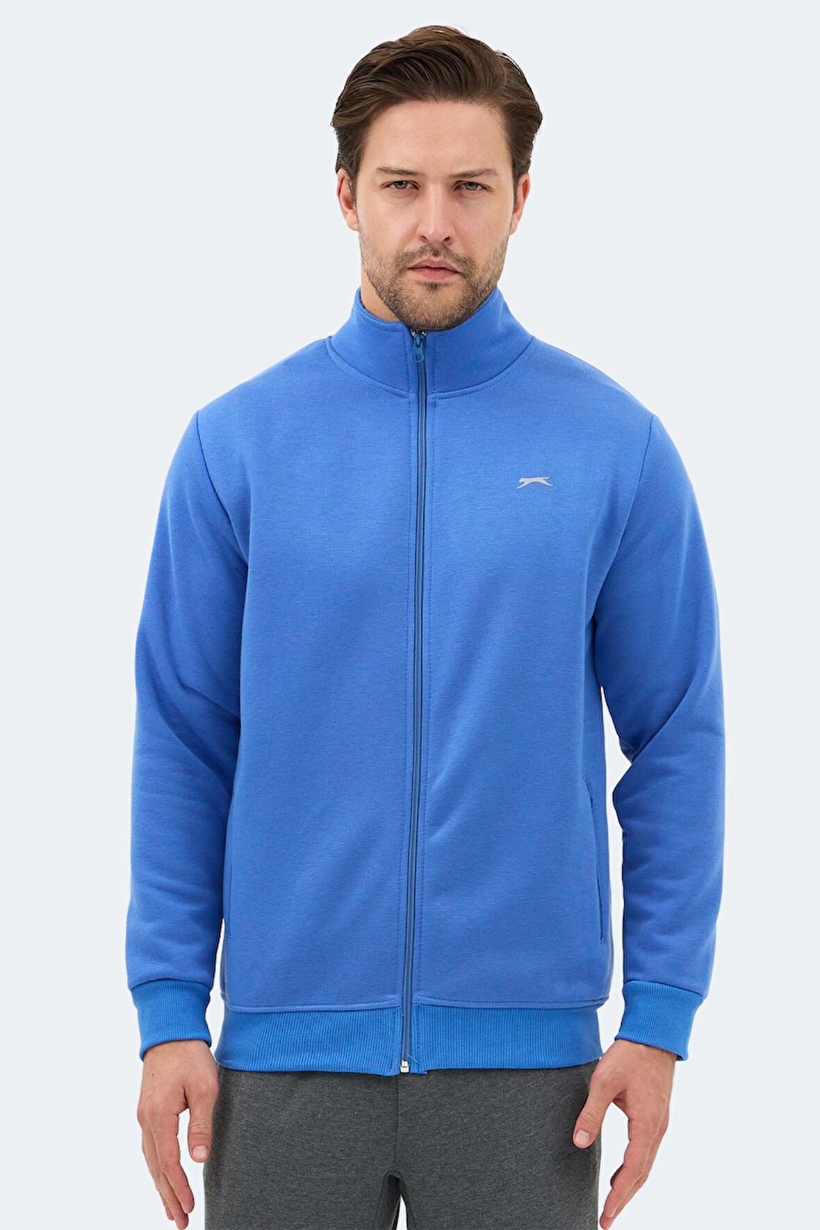 Slazenger MENDOZA I Erkek Fermuarlı Dik Yaka Cepli Indigo Sweatshırt