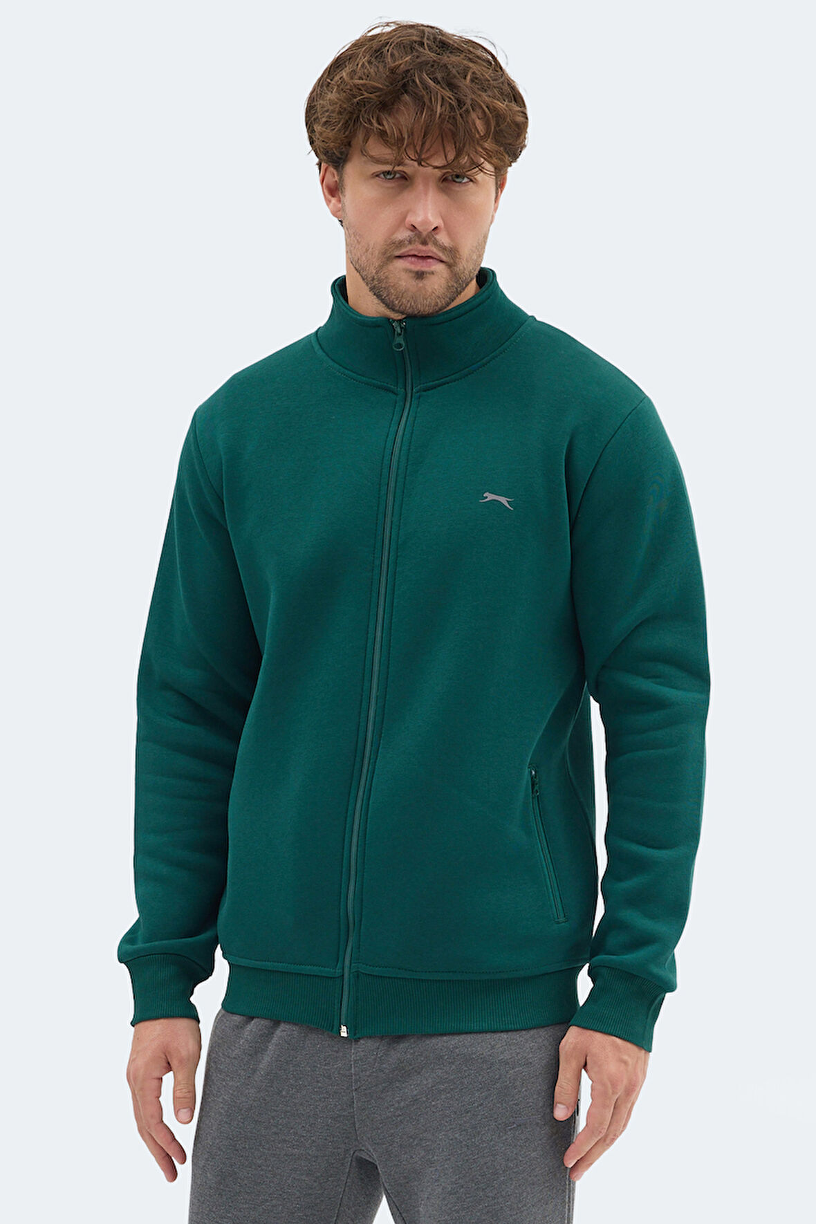 Slazenger MENDOZA I Erkek Fermuarlı Dik Yaka Cepli Koyu Yeşil Sweatshırt